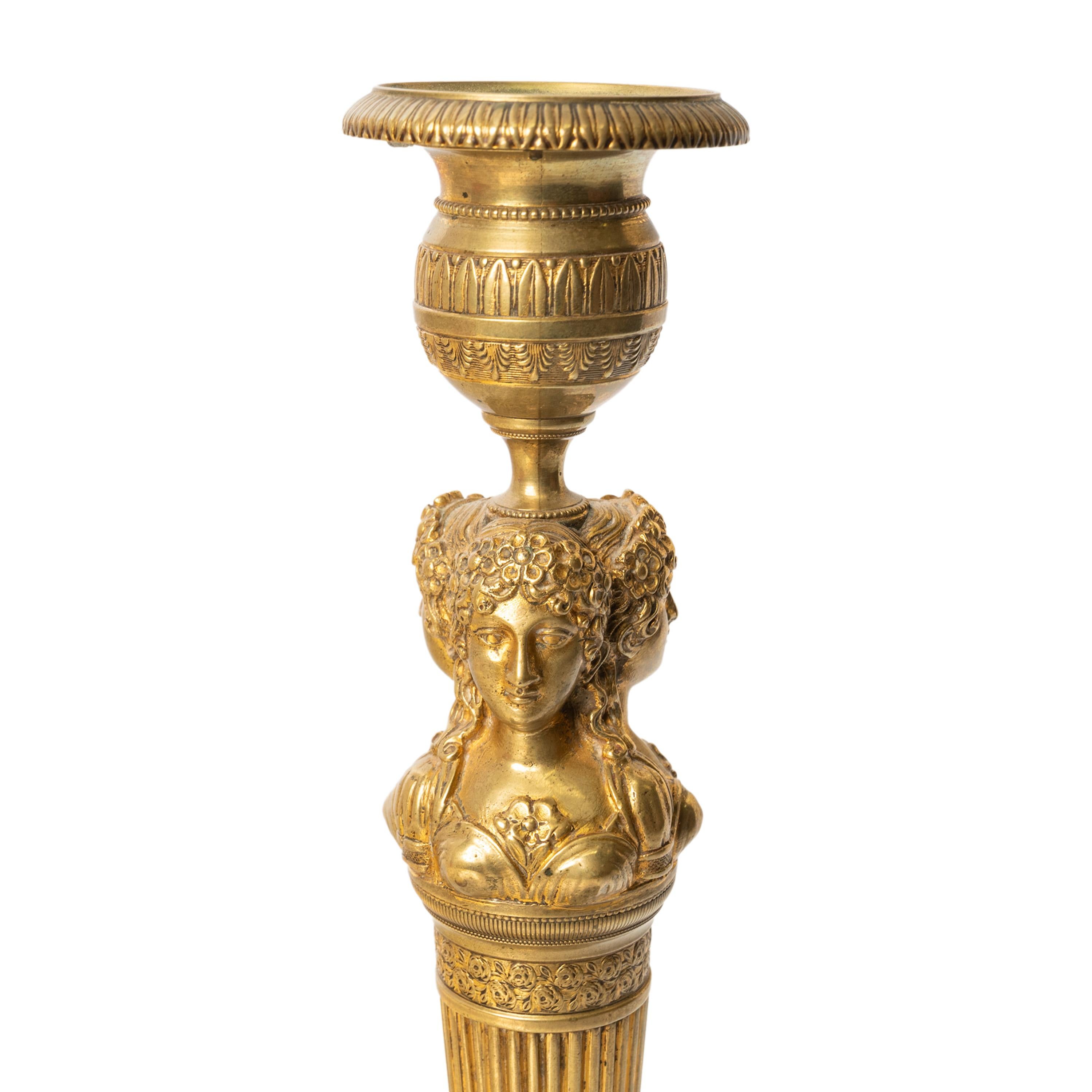 Pair Antique Early 19thC French Empire Neoclassical Gilt Bronze Candlesticks For Sale 7