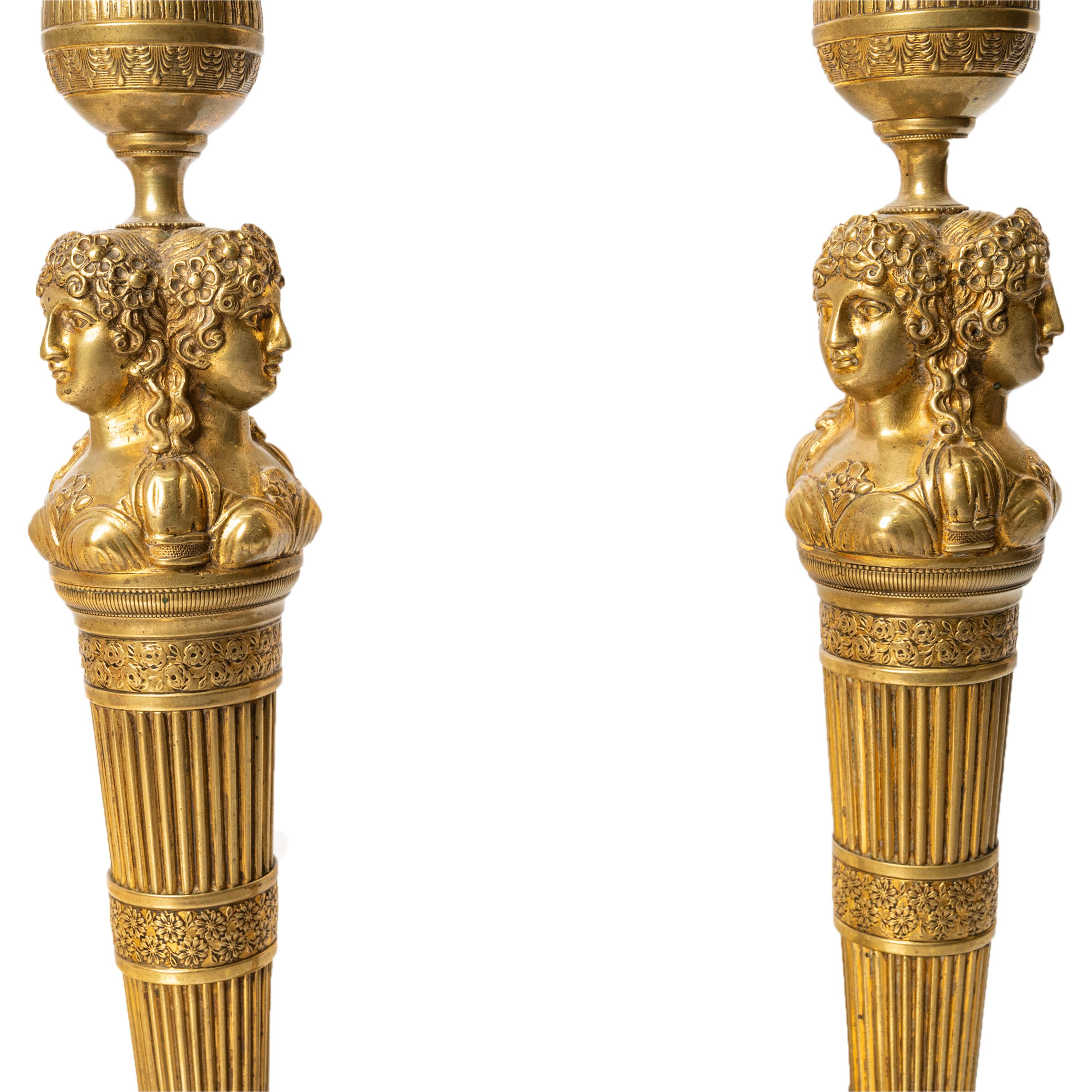 Pair Antique Early 19thC French Empire Neoclassical Gilt Bronze Candlesticks For Sale 10