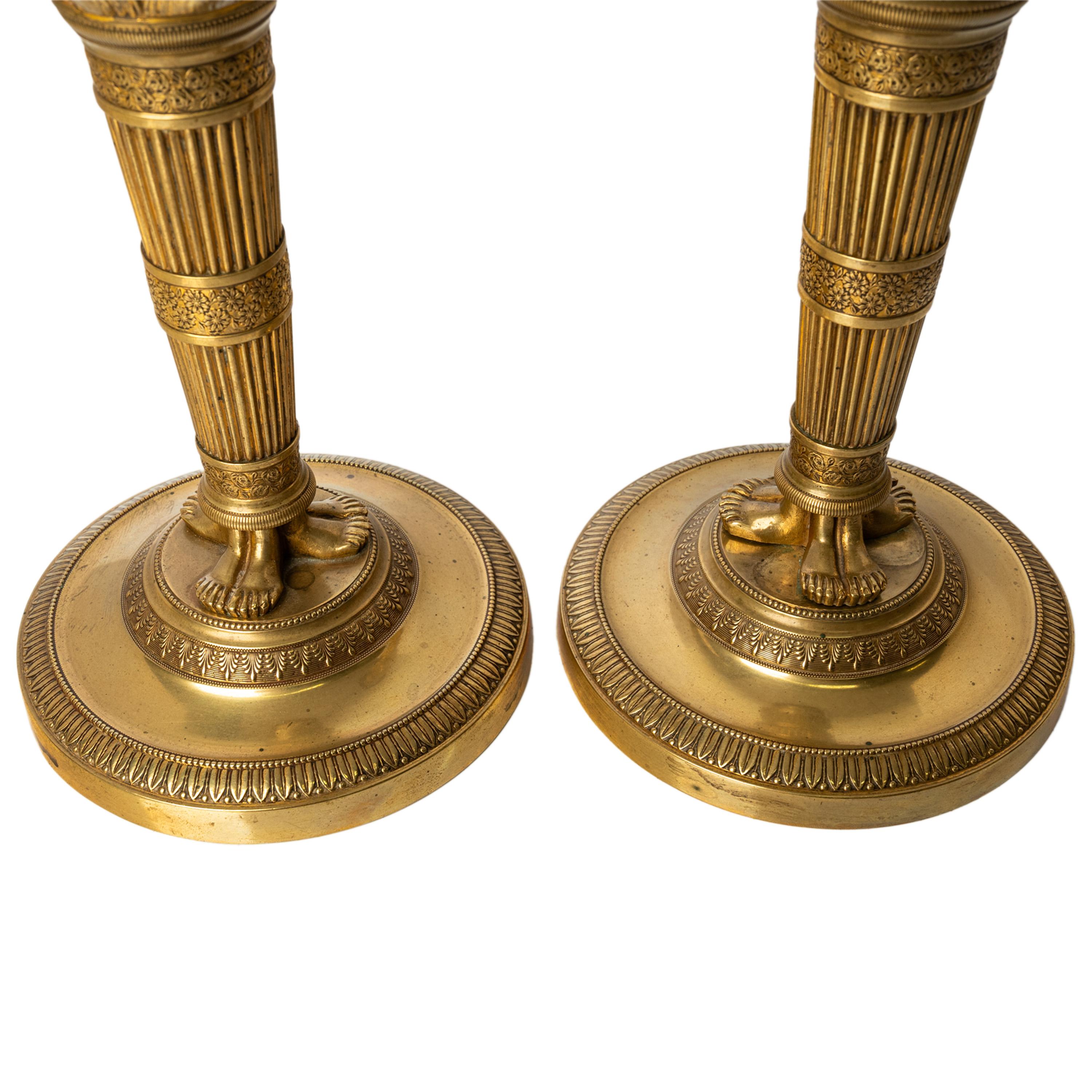 Pair Antique Early 19thC French Empire Neoclassical Gilt Bronze Candlesticks For Sale 11