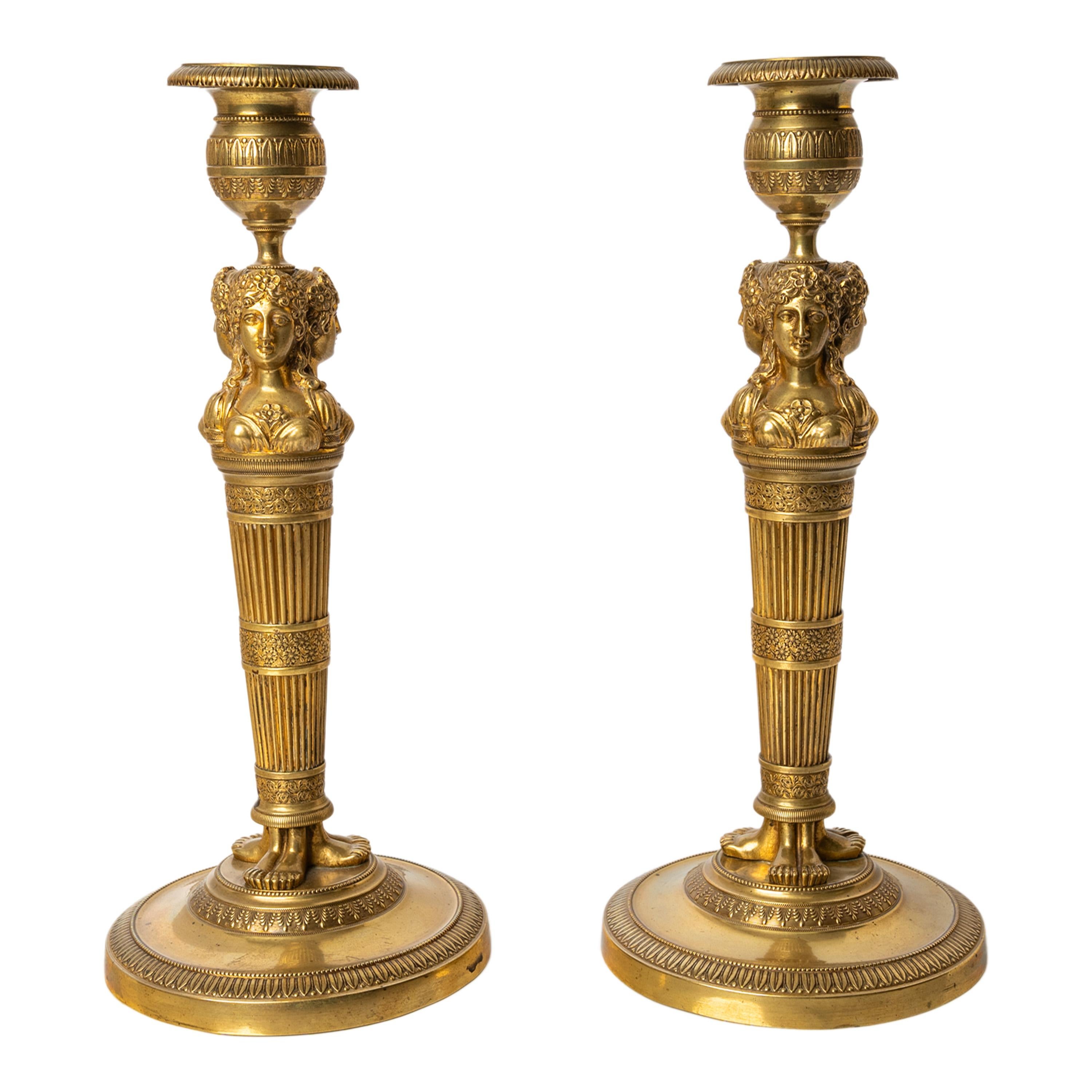 Cast Pair Antique Early 19thC French Empire Neoclassical Gilt Bronze Candlesticks For Sale
