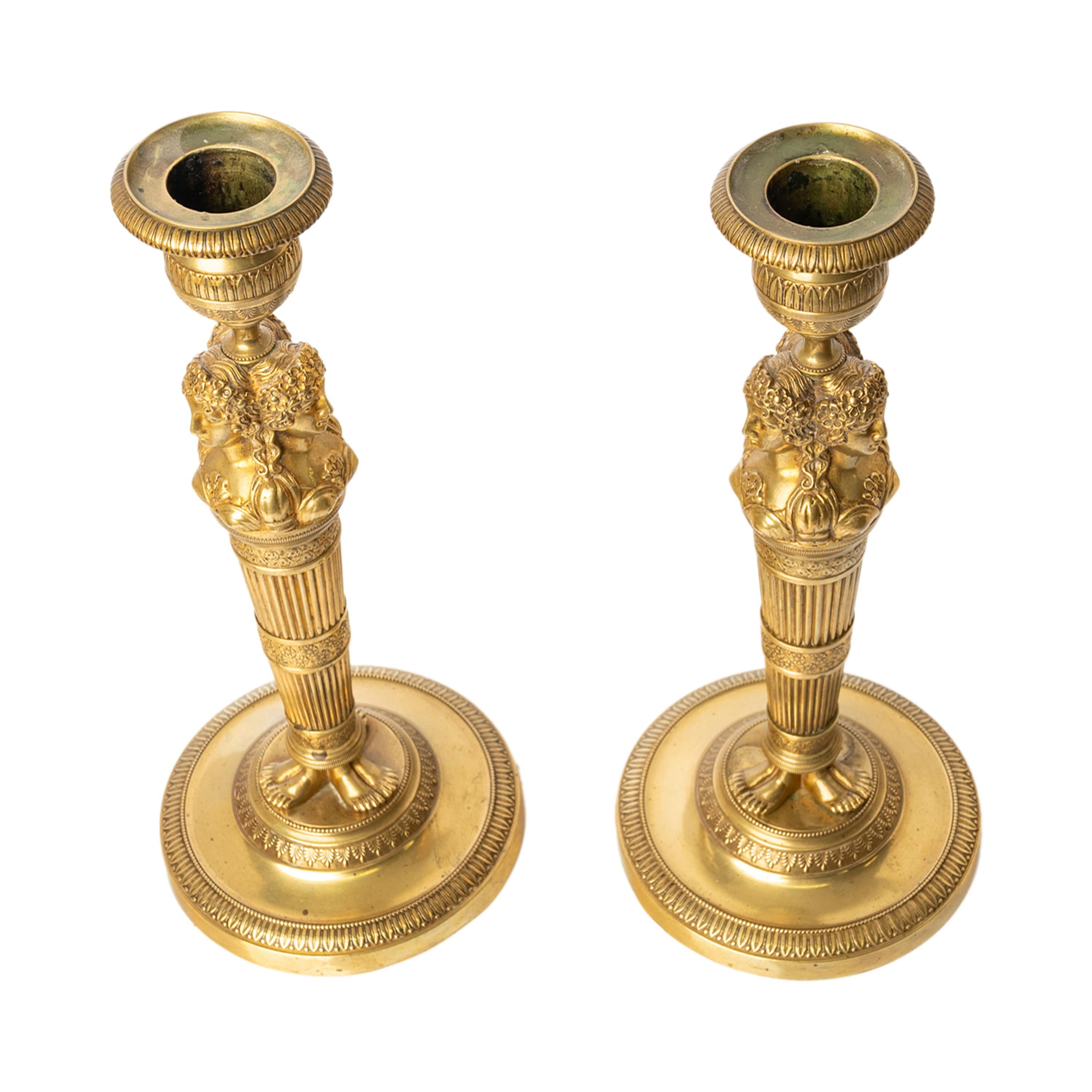 Pair Antique Early 19thC French Empire Neoclassical Gilt Bronze Candlesticks In Good Condition For Sale In Portland, OR