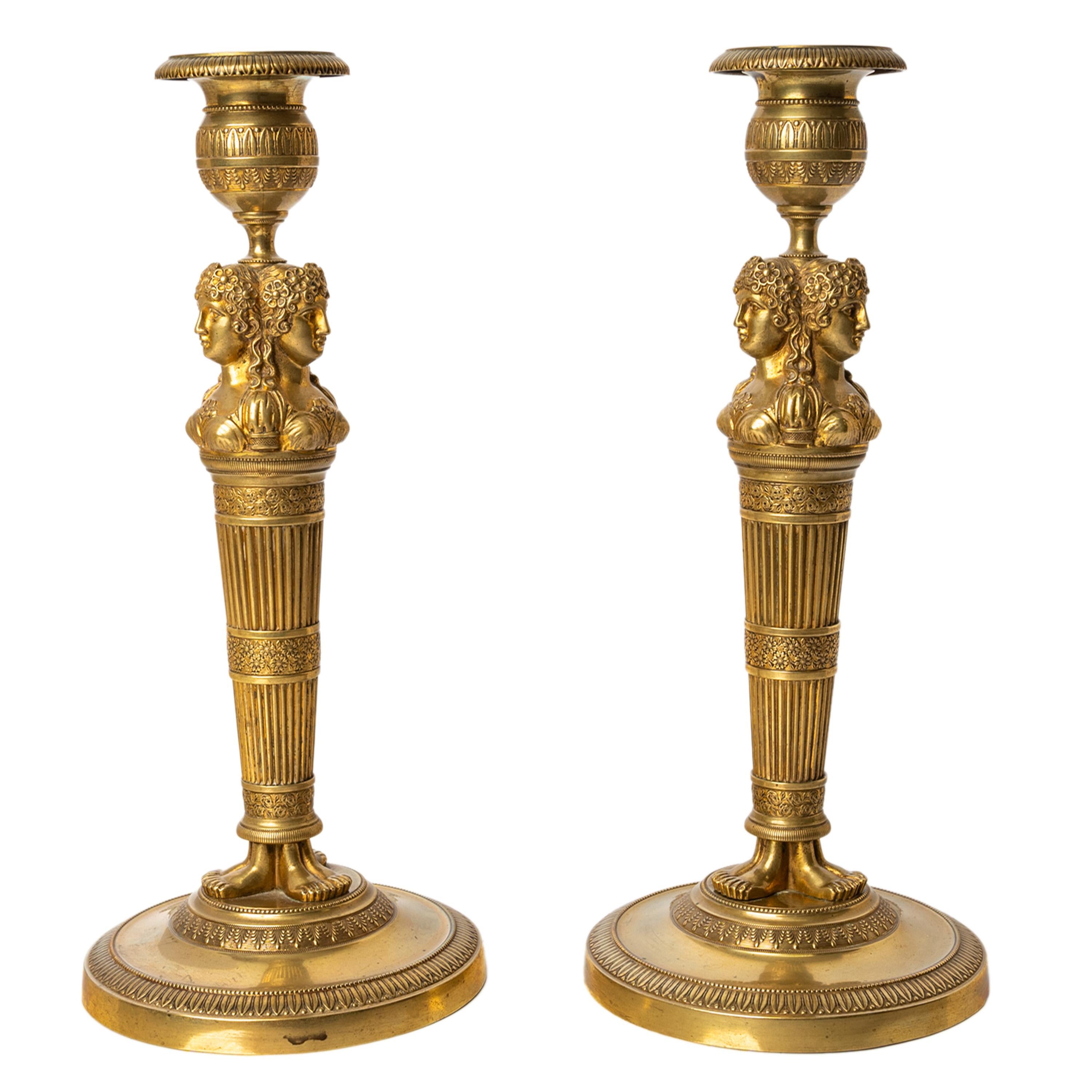 Early 19th Century Pair Antique Early 19thC French Empire Neoclassical Gilt Bronze Candlesticks For Sale