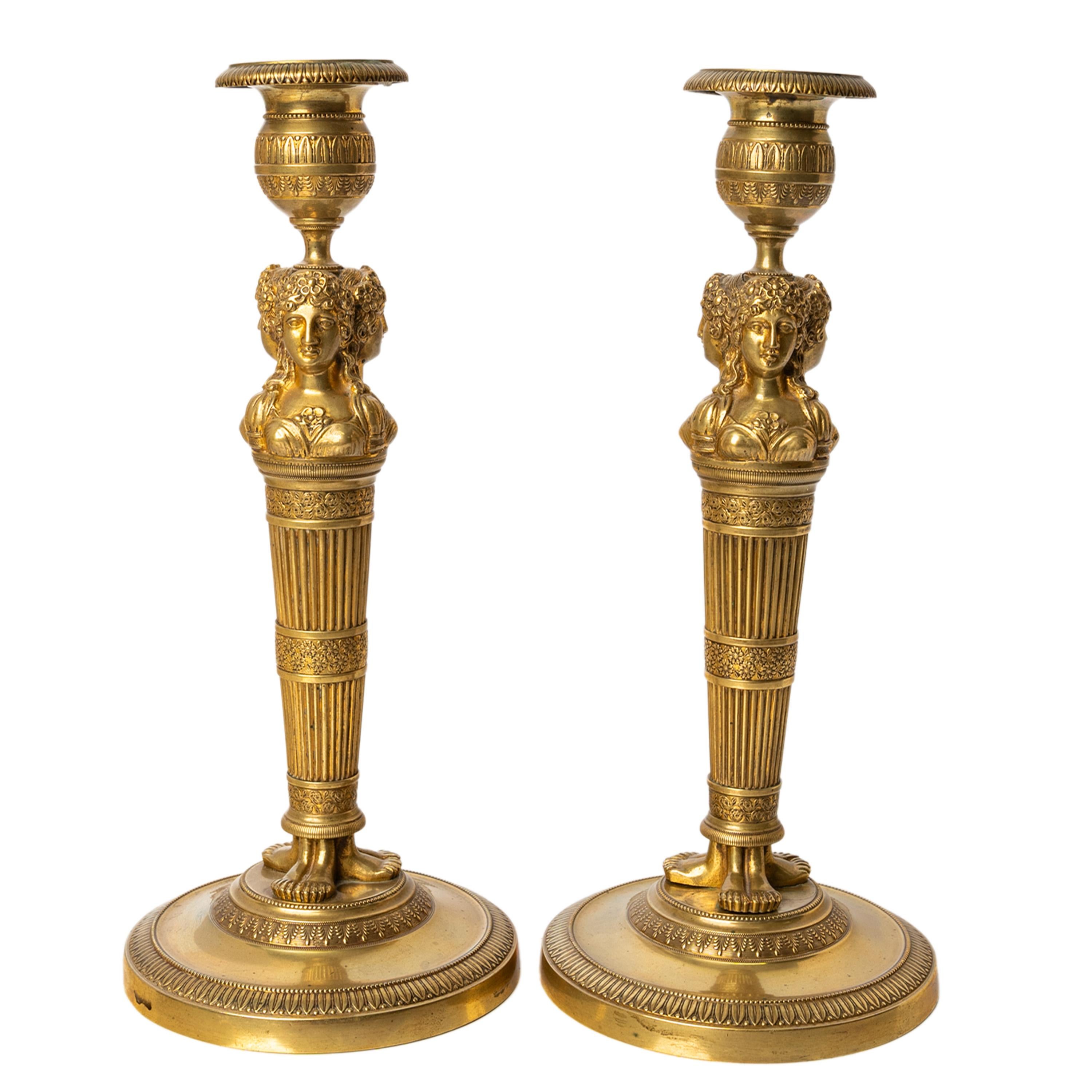 Pair Antique Early 19thC French Empire Neoclassical Gilt Bronze Candlesticks For Sale 1