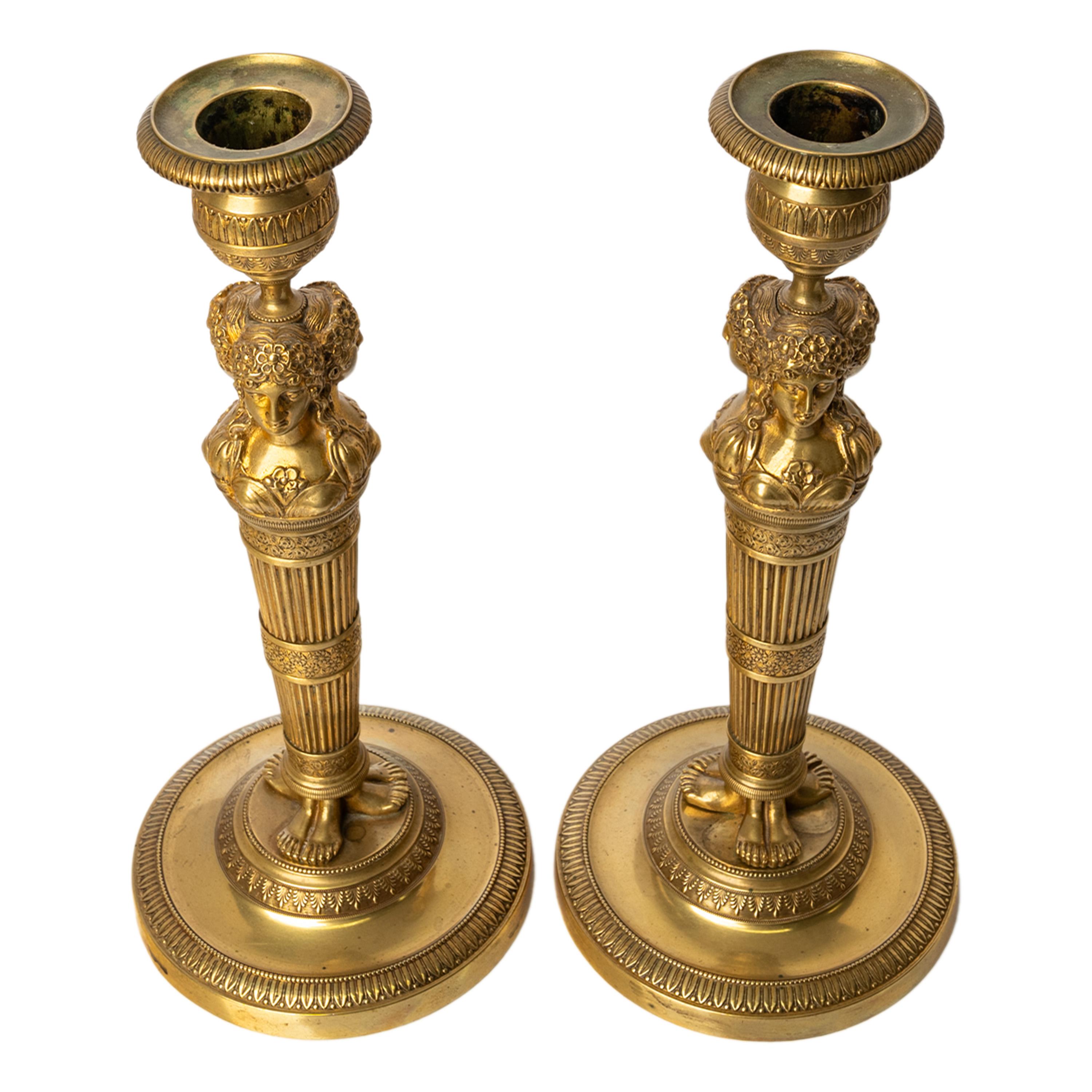 Pair Antique Early 19thC French Empire Neoclassical Gilt Bronze Candlesticks For Sale 2
