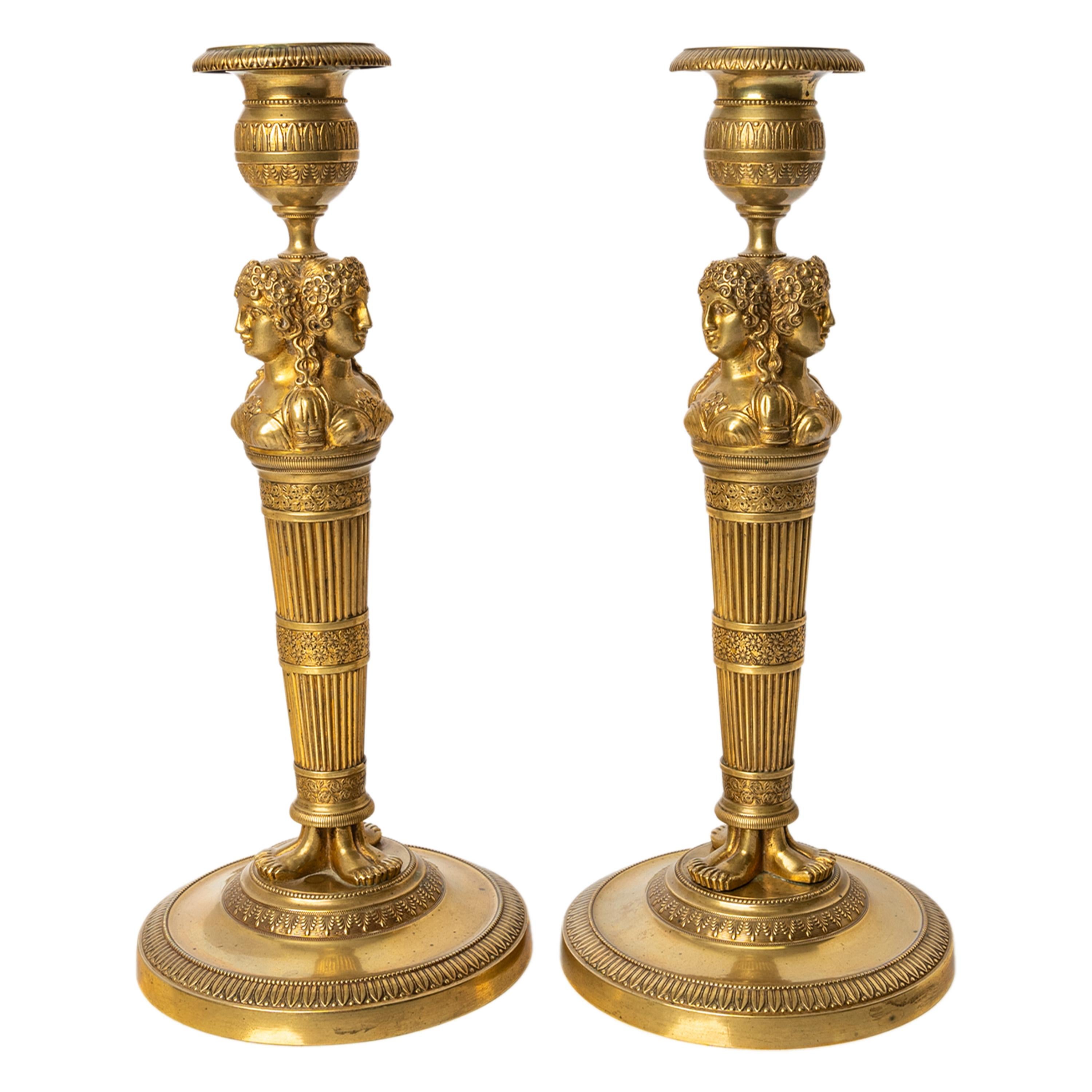 Pair Antique Early 19thC French Empire Neoclassical Gilt Bronze Candlesticks For Sale 3