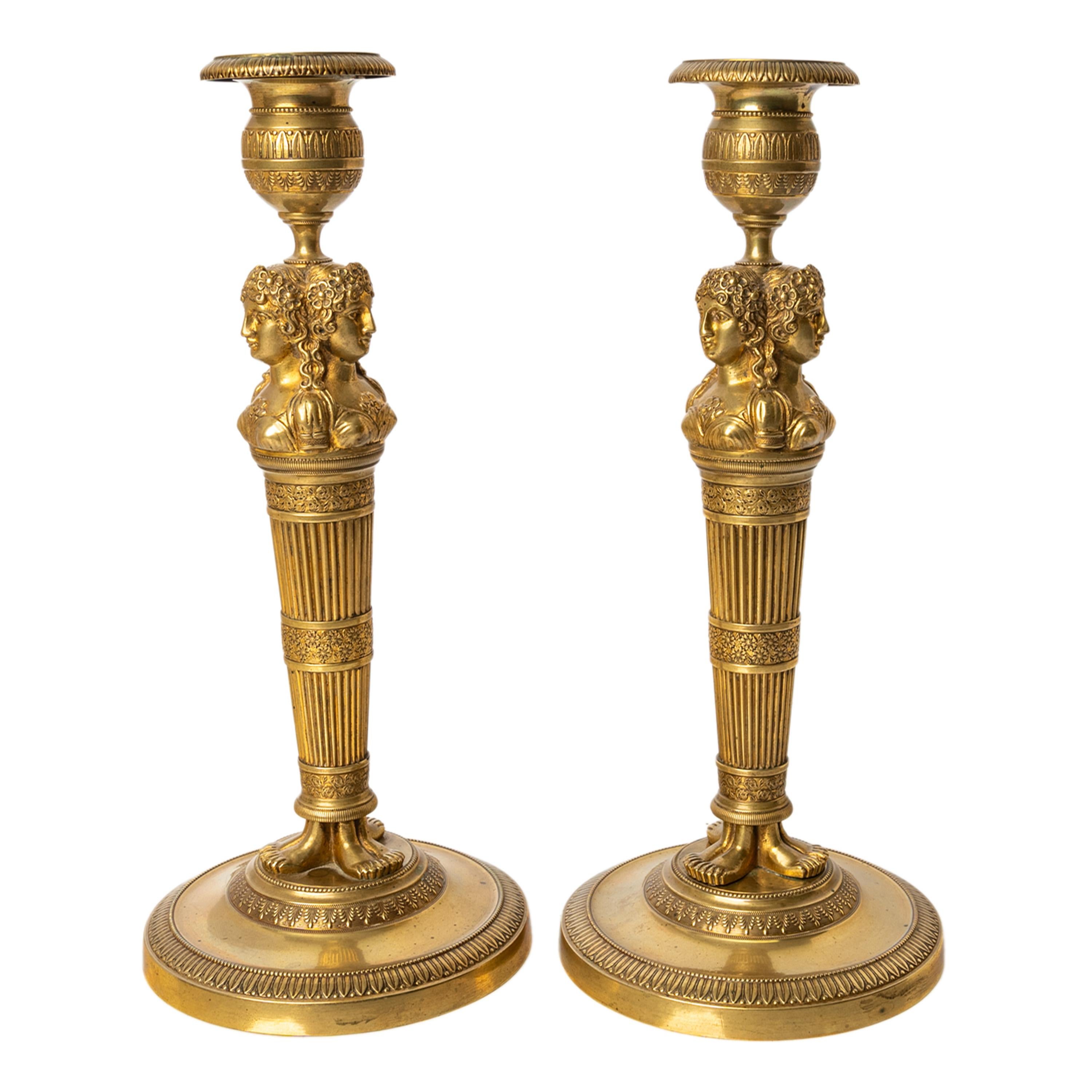 Pair Antique Early 19thC French Empire Neoclassical Gilt Bronze Candlesticks For Sale 4