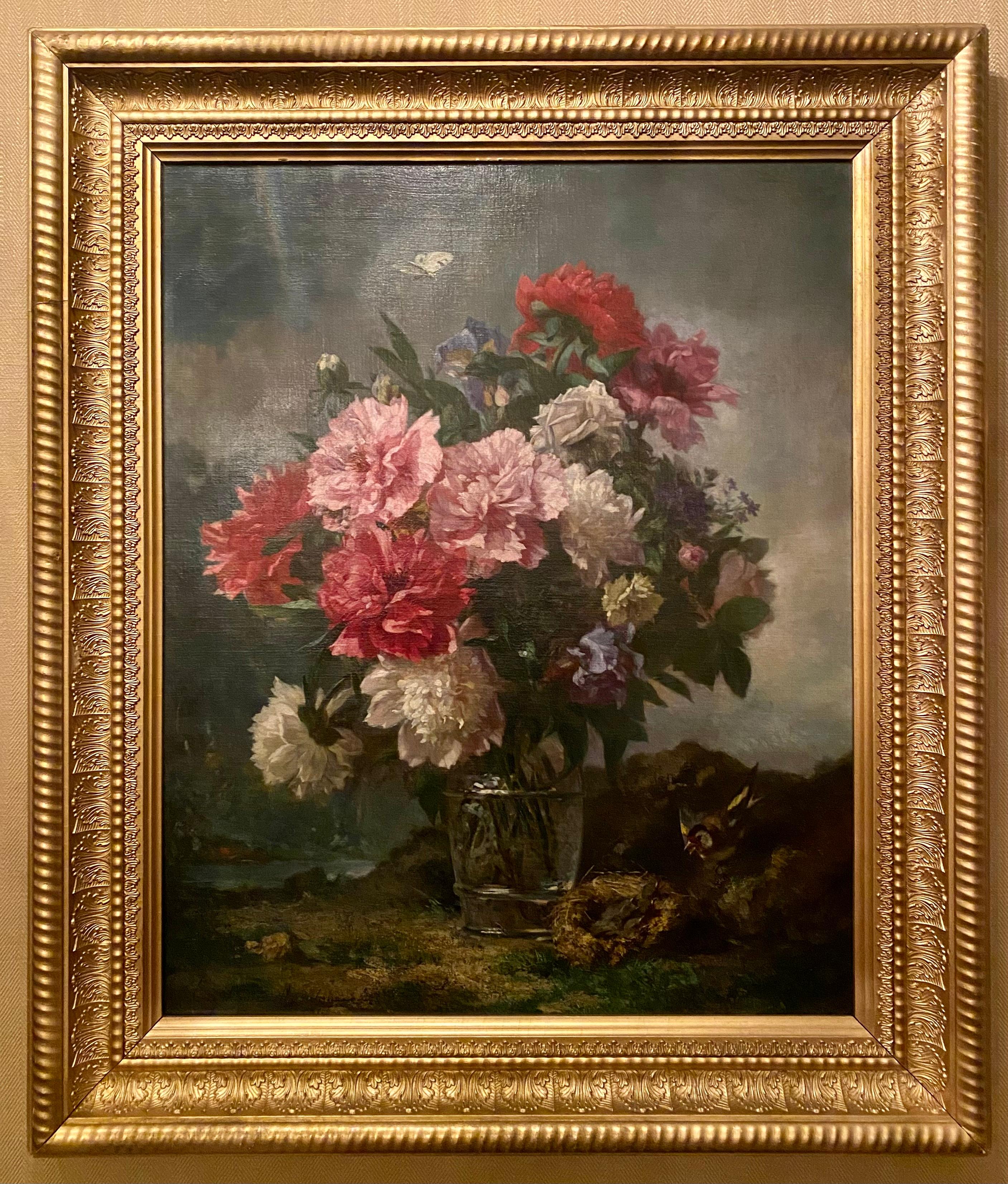 Pair antique French floral still-life oil on Canvas paintings by Euphémie Muraton (b. 1836-1914). Exceptional artist; debuted at the Paris Salon in 1863 and L'Exposition Universelle in 1889. Her work is represented in a number of French museums,