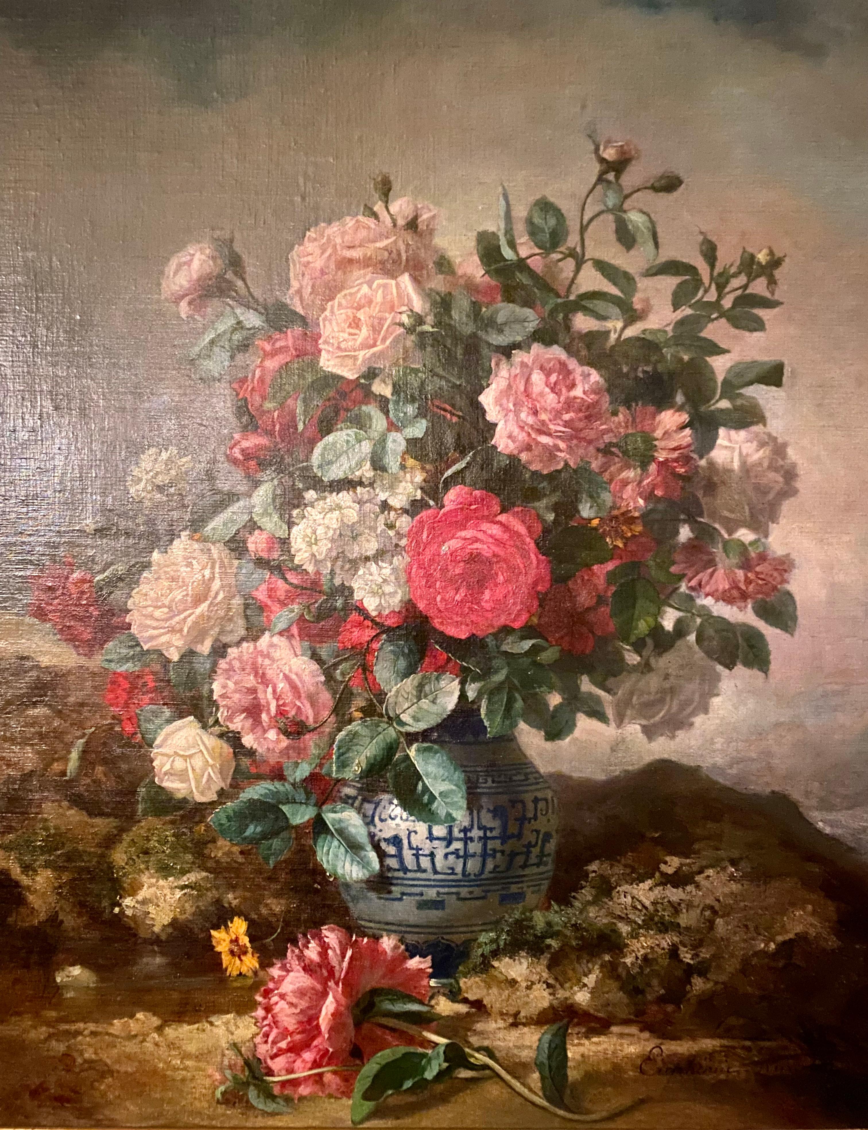 French Pair Antique 19th Century E.C. Muraton Floral Still-Life Oil on Canvas Paintings