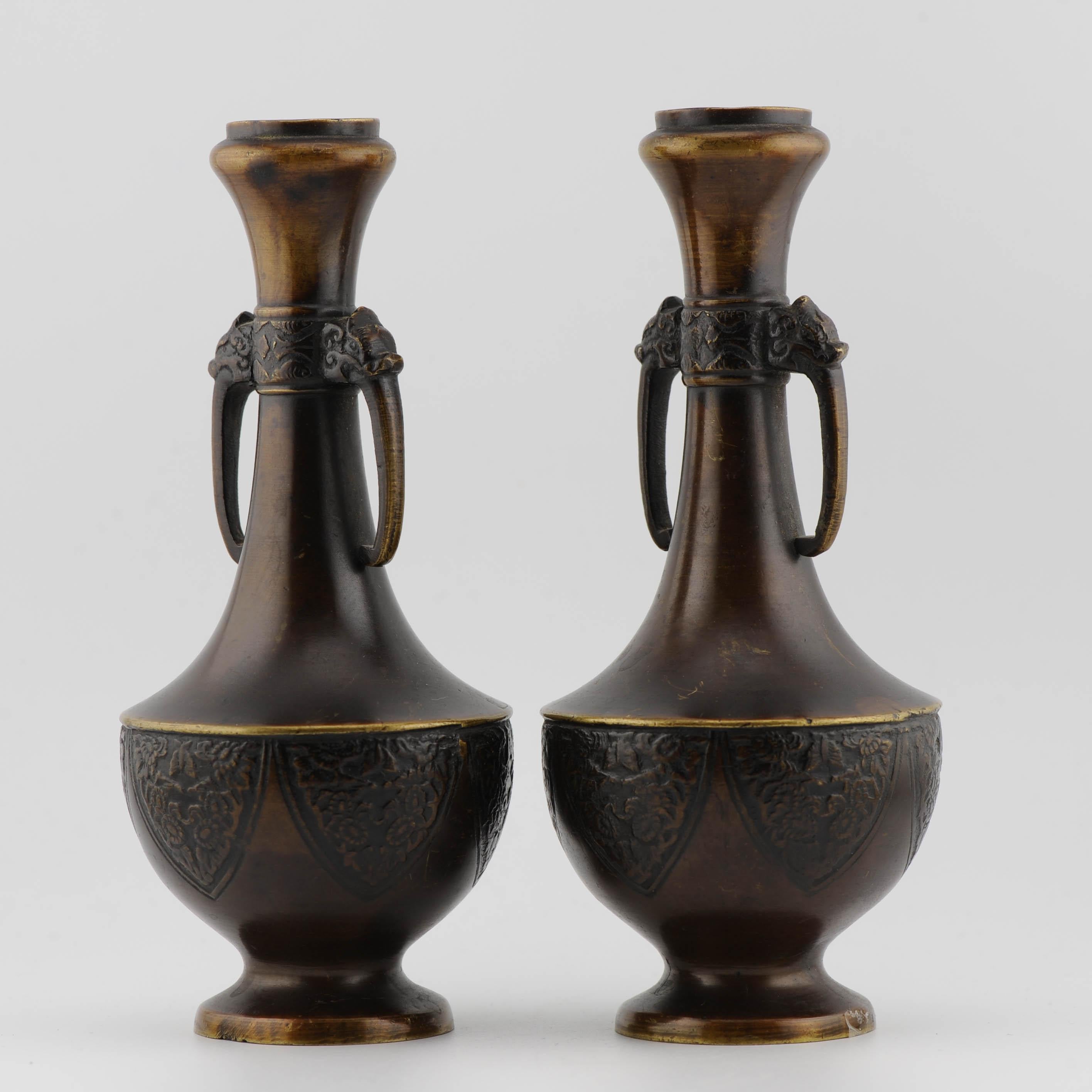 Porcelain Pair Antique Edo/Meiji 19th c Vases Bronze Japanese Heavy elephant ears For Sale