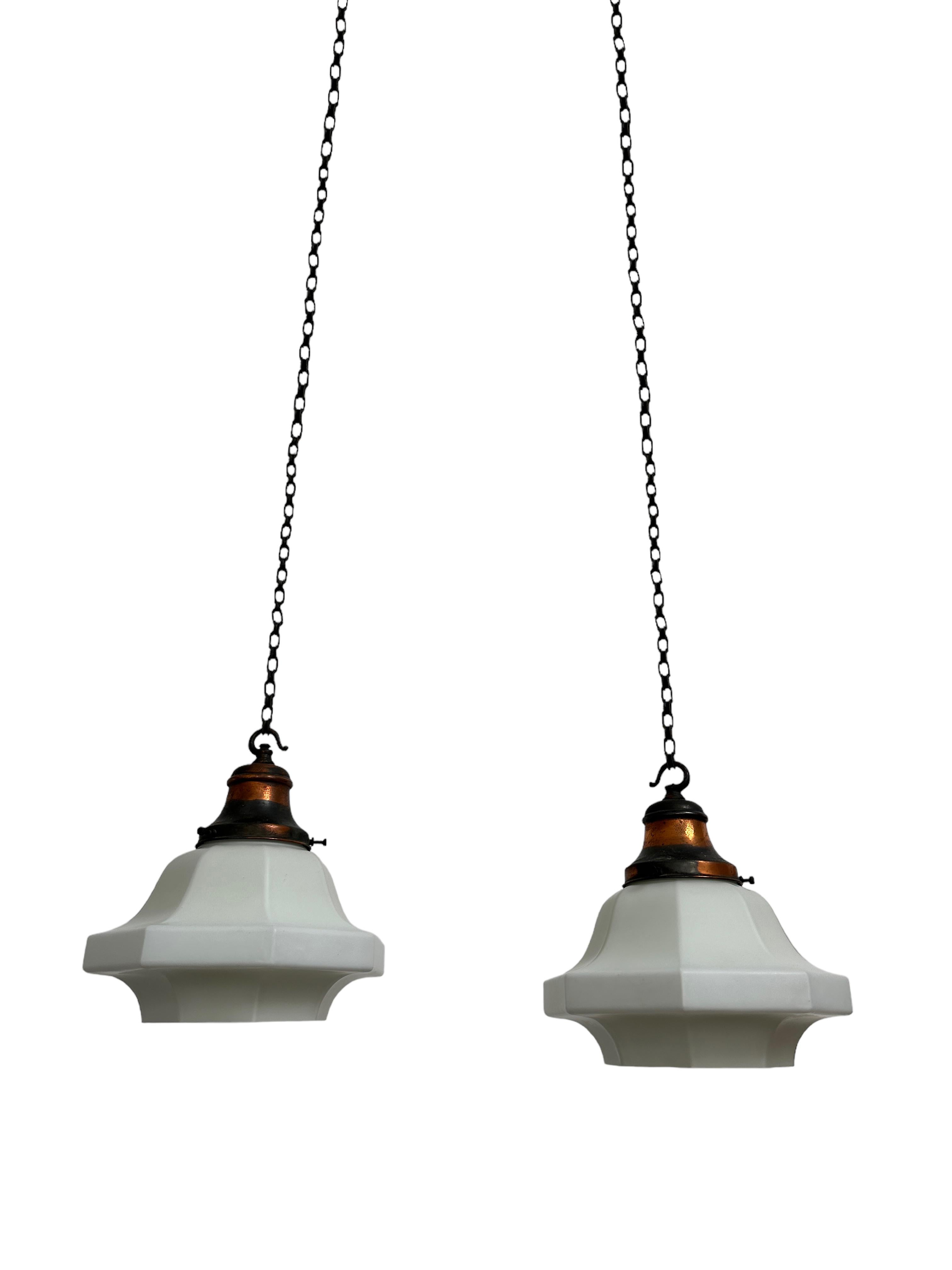 Pair Antique Edwardian Church Satin Opaline Milk Glass Ceiling Pendant Lights In Good Condition In Sale, GB