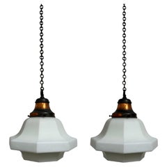 Pair Antique Edwardian Church Satin Opaline Milk Glass Ceiling Pendant Lights