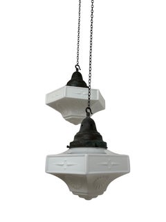 Pair Antique Edwardian Satin Church Opaline Milk Glass Ceiling Pendants