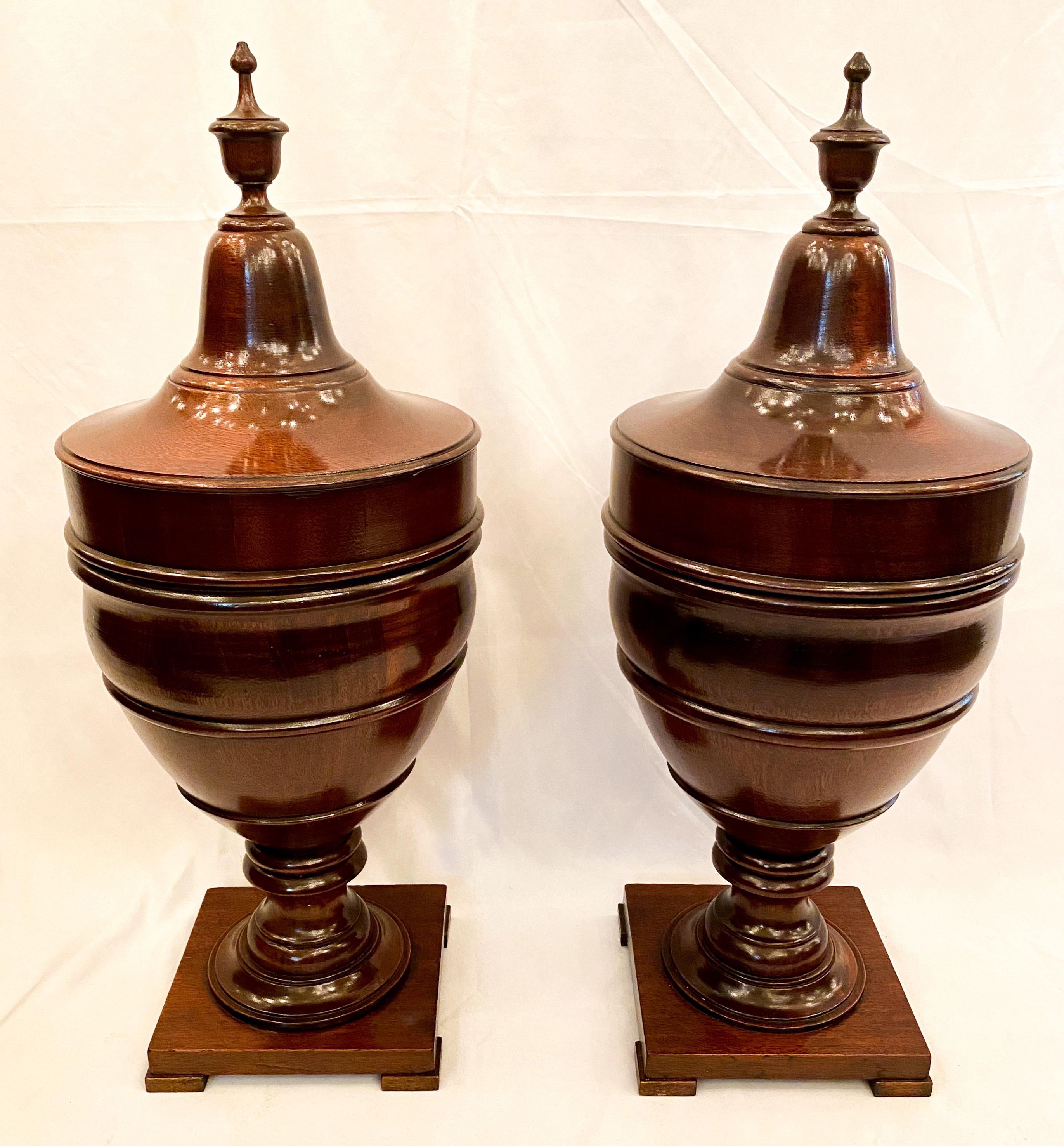 Pair of antique Edwardian Sheraton style urn-shaped mahogany knife boxes, circa 1910.