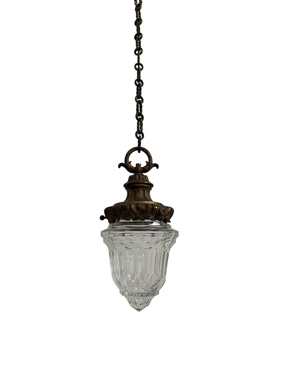 British Pair Antique Edwardian Vintage Ornate Brass Cut Glass Ceiling Pendant Light Lamp For Sale