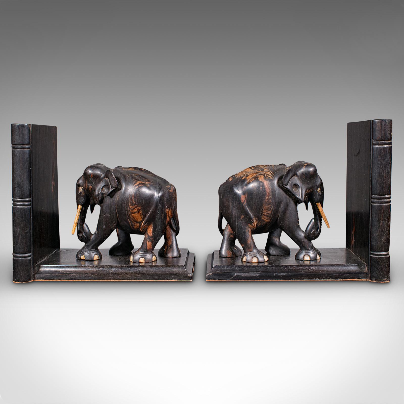 Late Victorian Pair Antique Elephant Bookends, Indian, Coromandel, Novel, Book Rest, Victorian For Sale