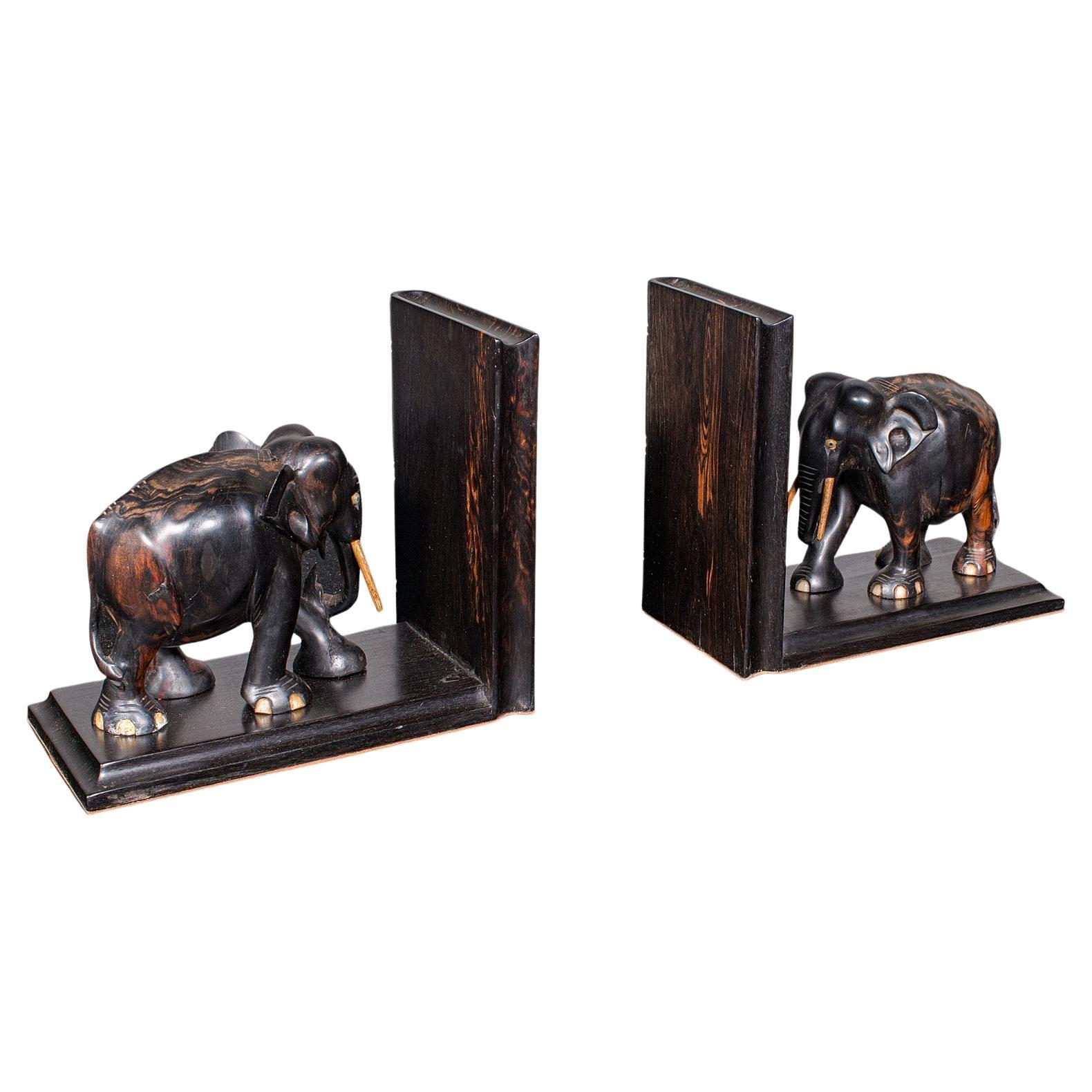 Pair Antique Elephant Bookends, Indian, Coromandel, Novel, Book Rest, Victorian