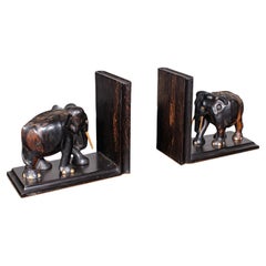 Pair Antique Elephant Bookends, Indian, Coromandel, Novel, Book Rest, Victorian