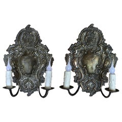 Pair of Antique Embossed Baroque Brass Wall Sconces