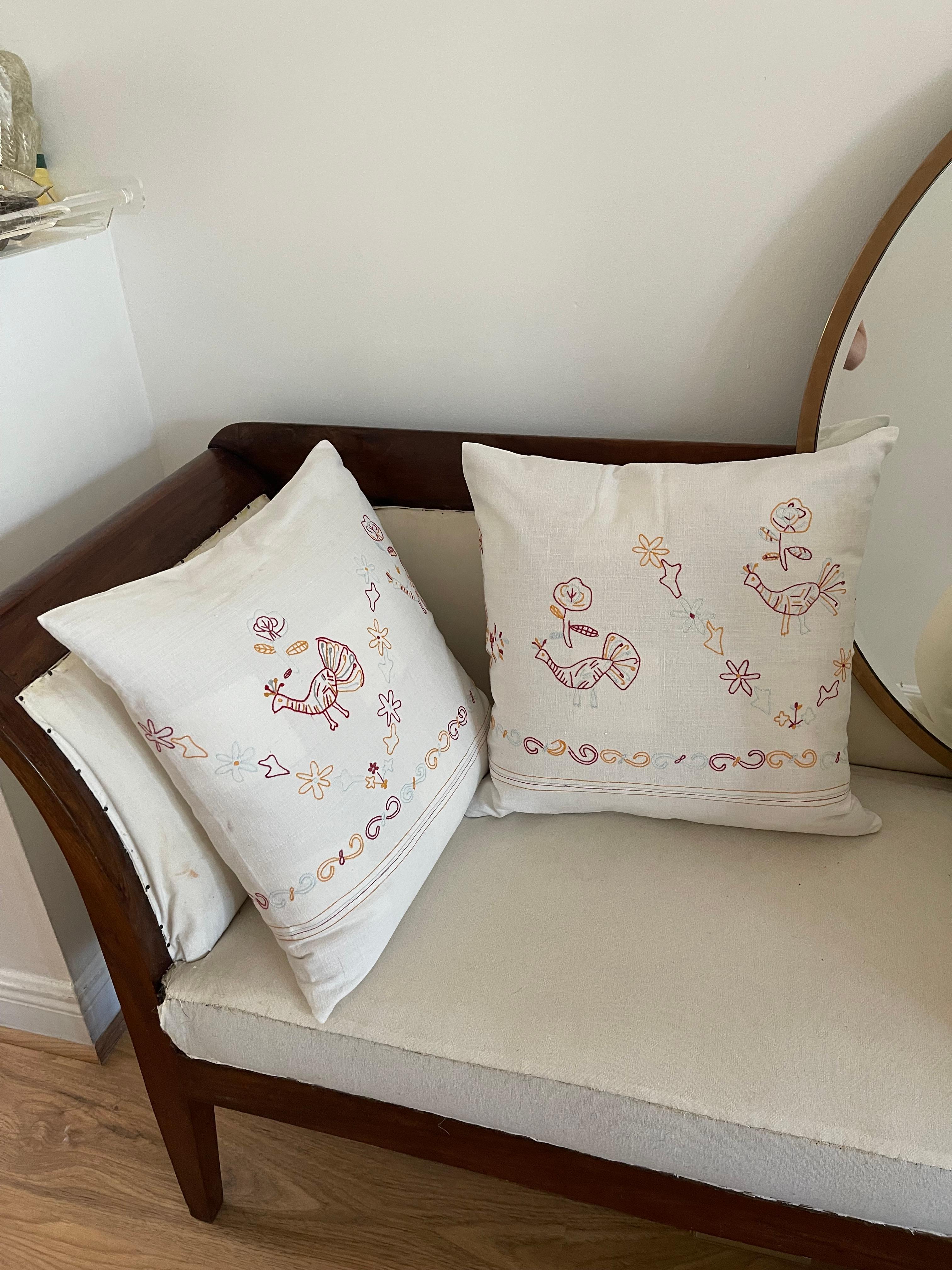 Pair of antique homespun linen hand embroidered ethnographic Balkan double sided pillows. Feather down nserts. Unique colllectible textiles.