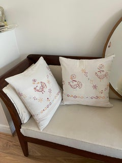 Organic Modern Pair Antique Embroidered Linen Folk Art Pillows
