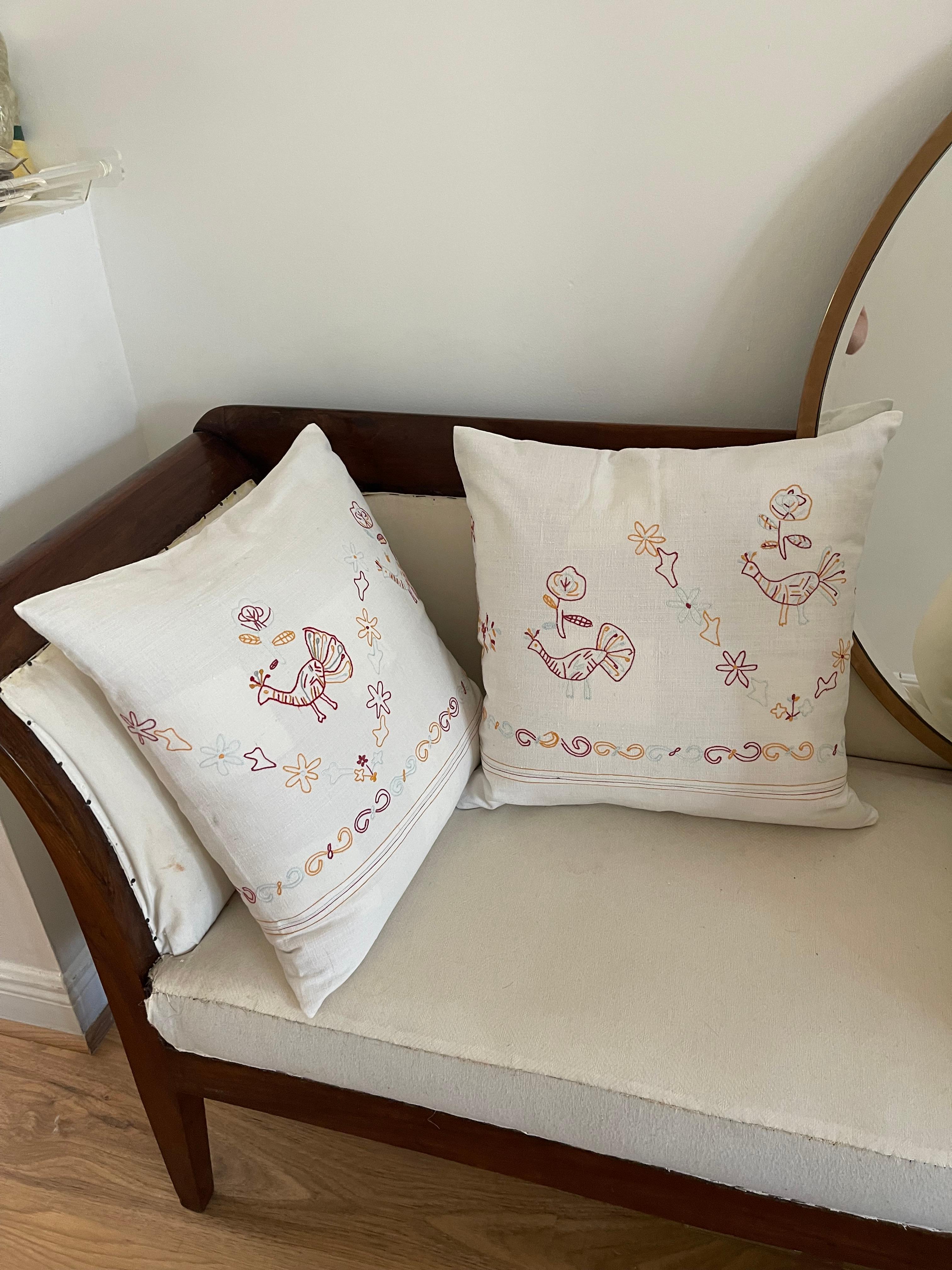 Croatian Organic Modern Pair Antique Embroidered Linen Folk Art Pillows For Sale