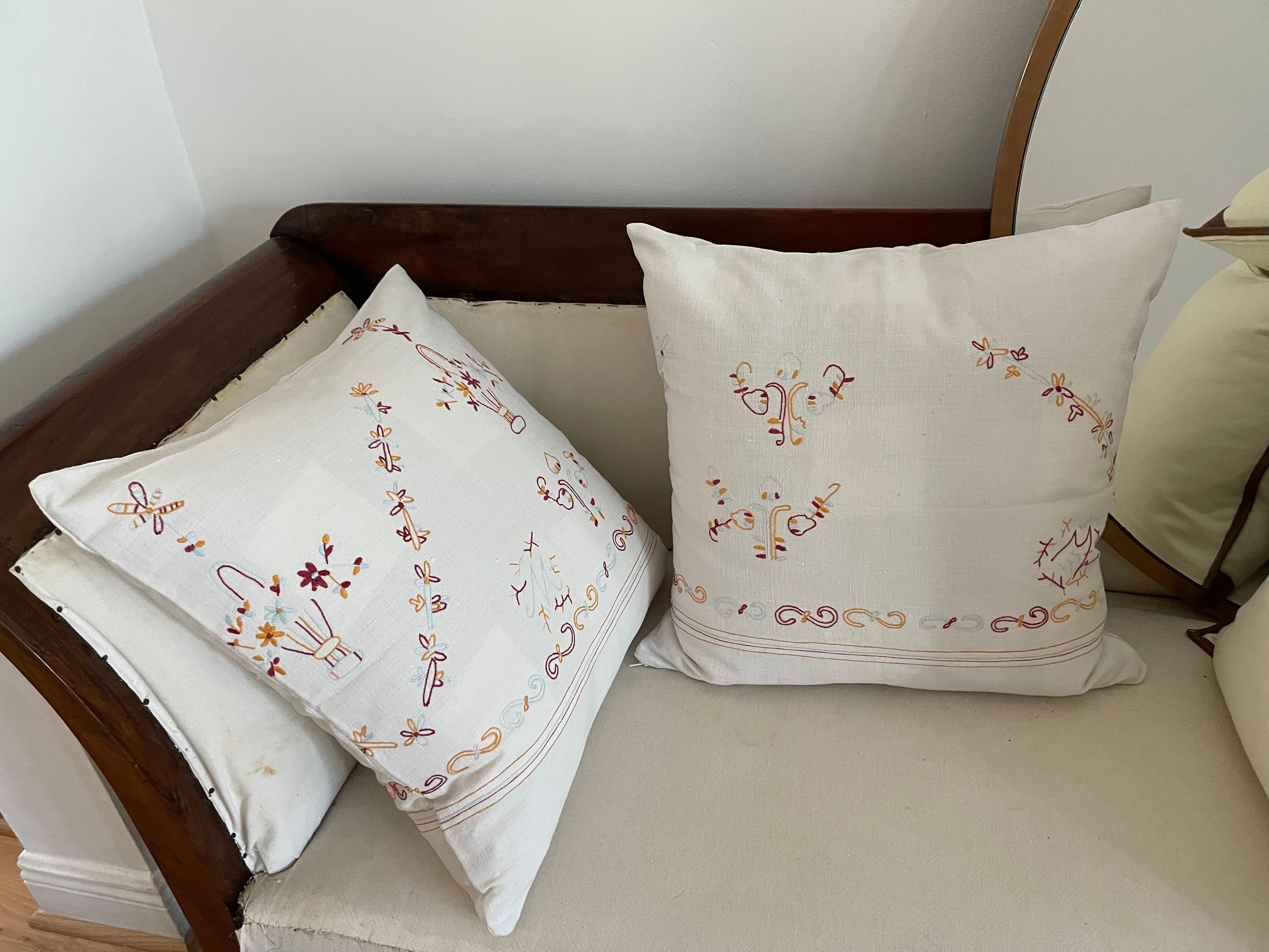 Early 20th Century Organic Modern Pair Antique Embroidered Linen Folk Art Pillows For Sale