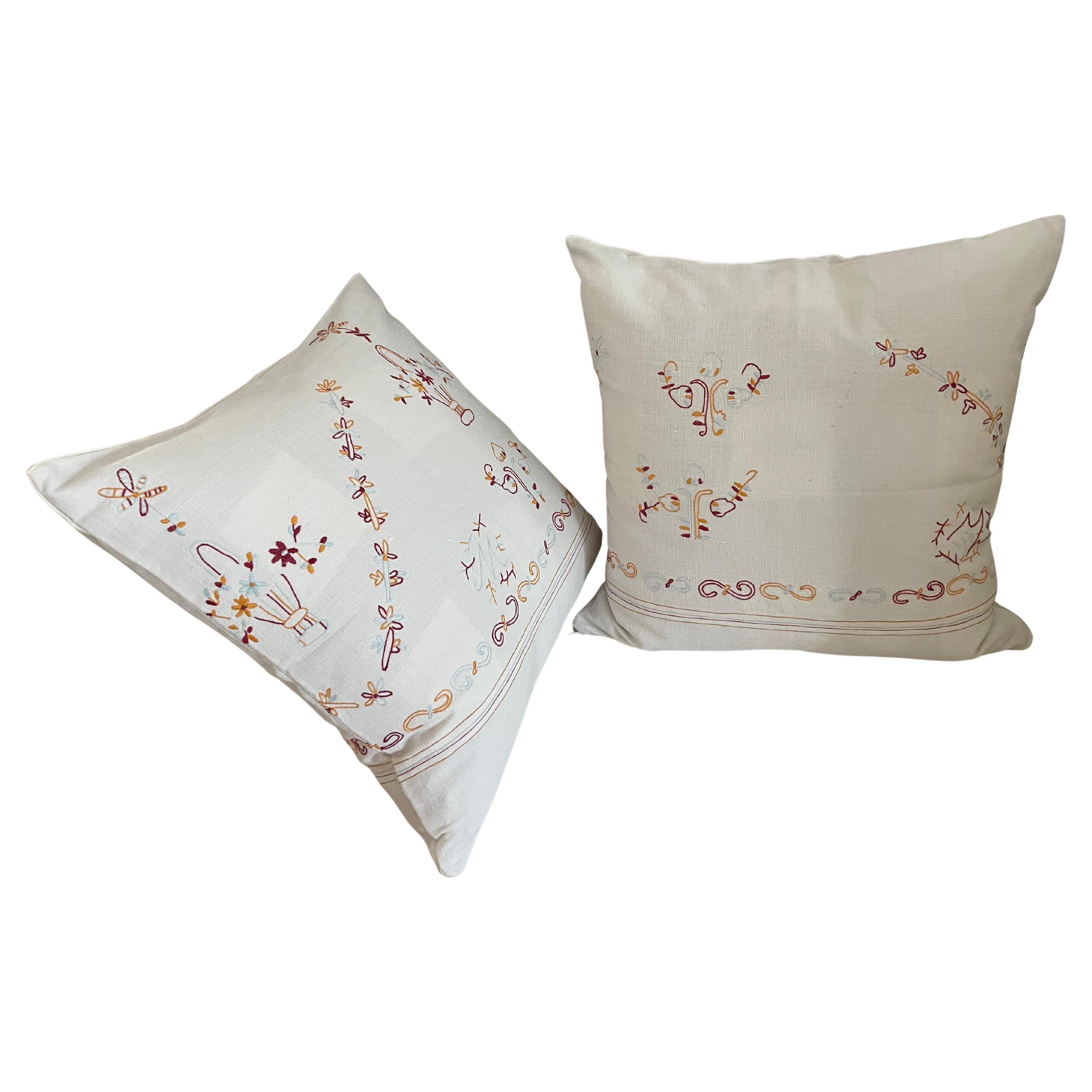 Organic Modern Pair Antique Embroidered Linen Folk Art Pillows For Sale