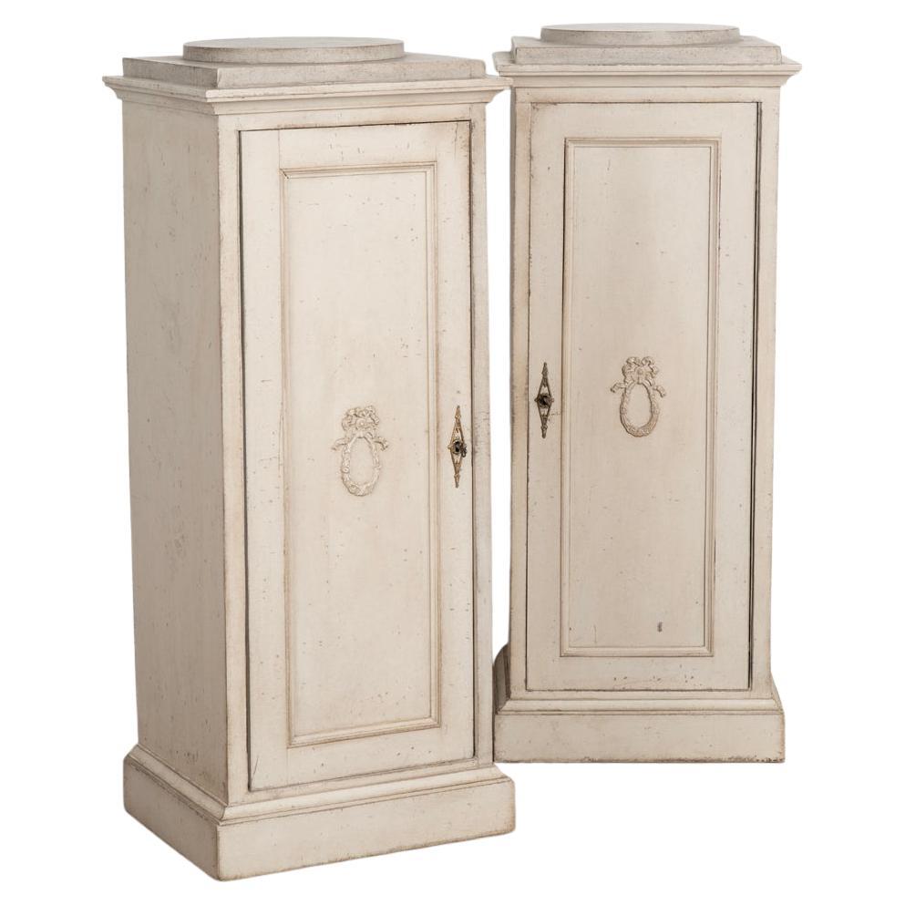 Pair, Antique Gustavian Gray Painted Narrow Cabinets, Sweden circa 1840