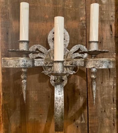 Pair Antique English 3 Light Iron Sconces, Circa 1910-1920
