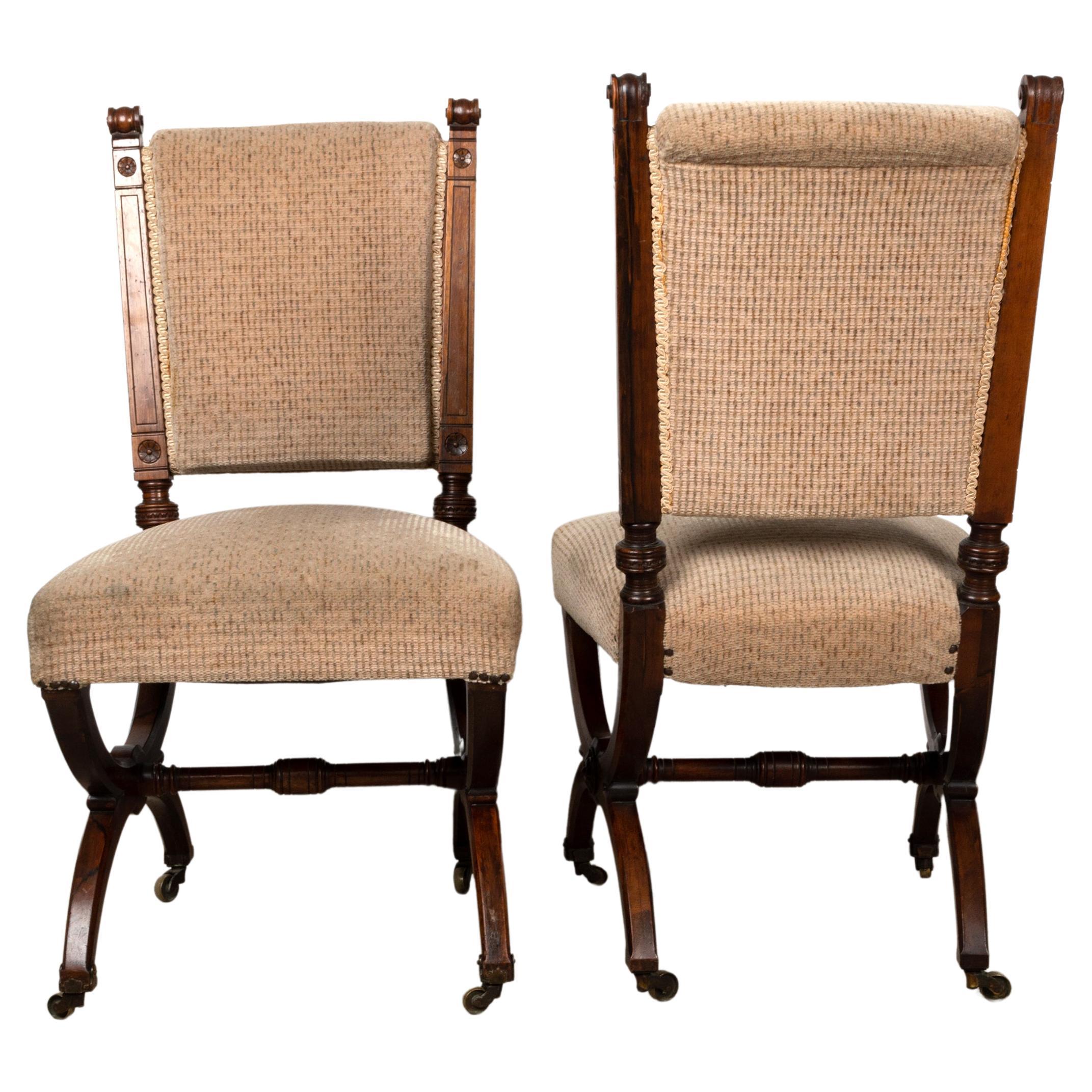 19th Century Pair Antique English Aesthetic Movement X Frame Stretcher Hall Side Chairs For Sale