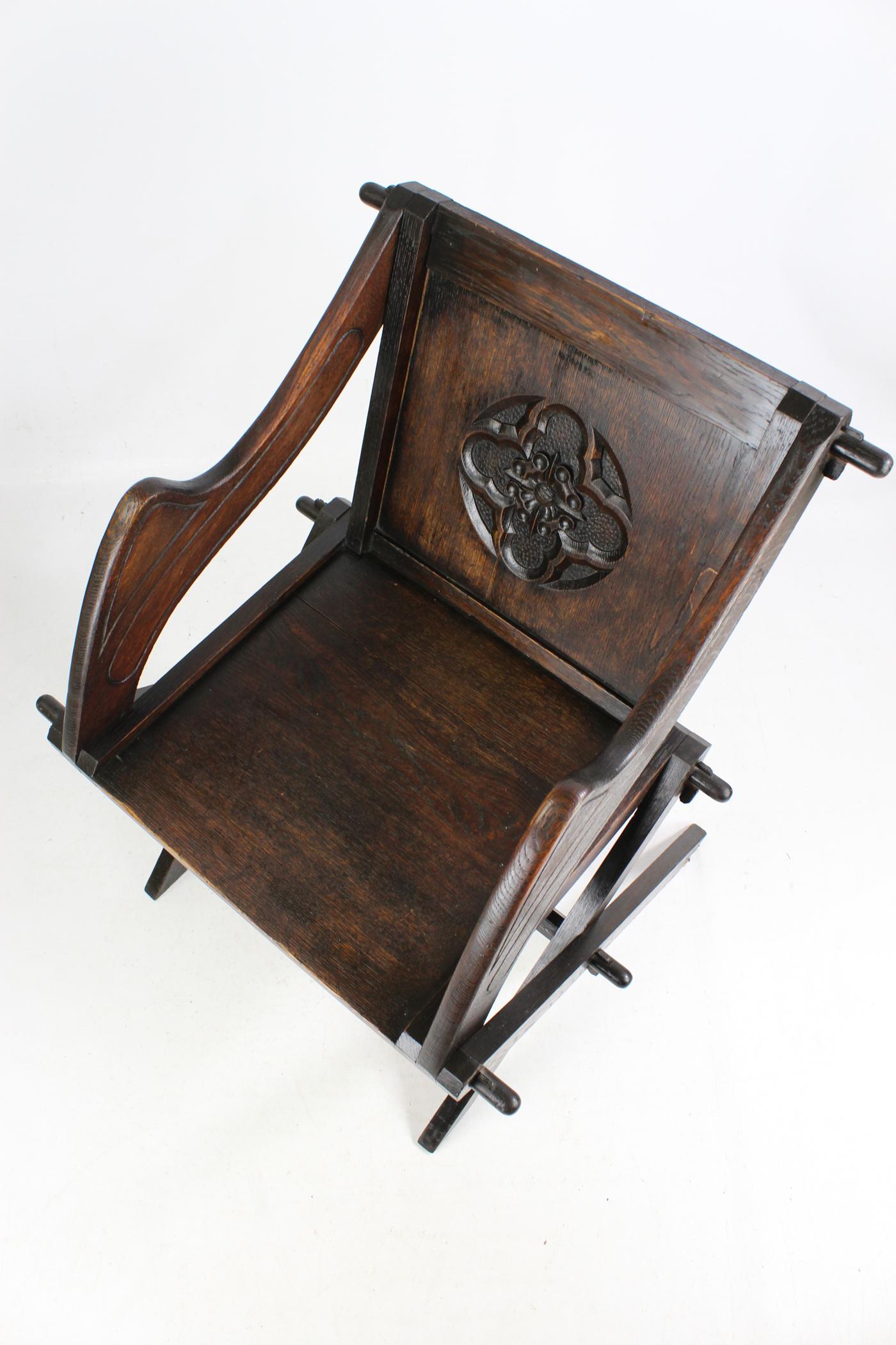 Pair of Antique English Arts & Crafts Oak Glastonbury Chairs Gothic Armchair 8