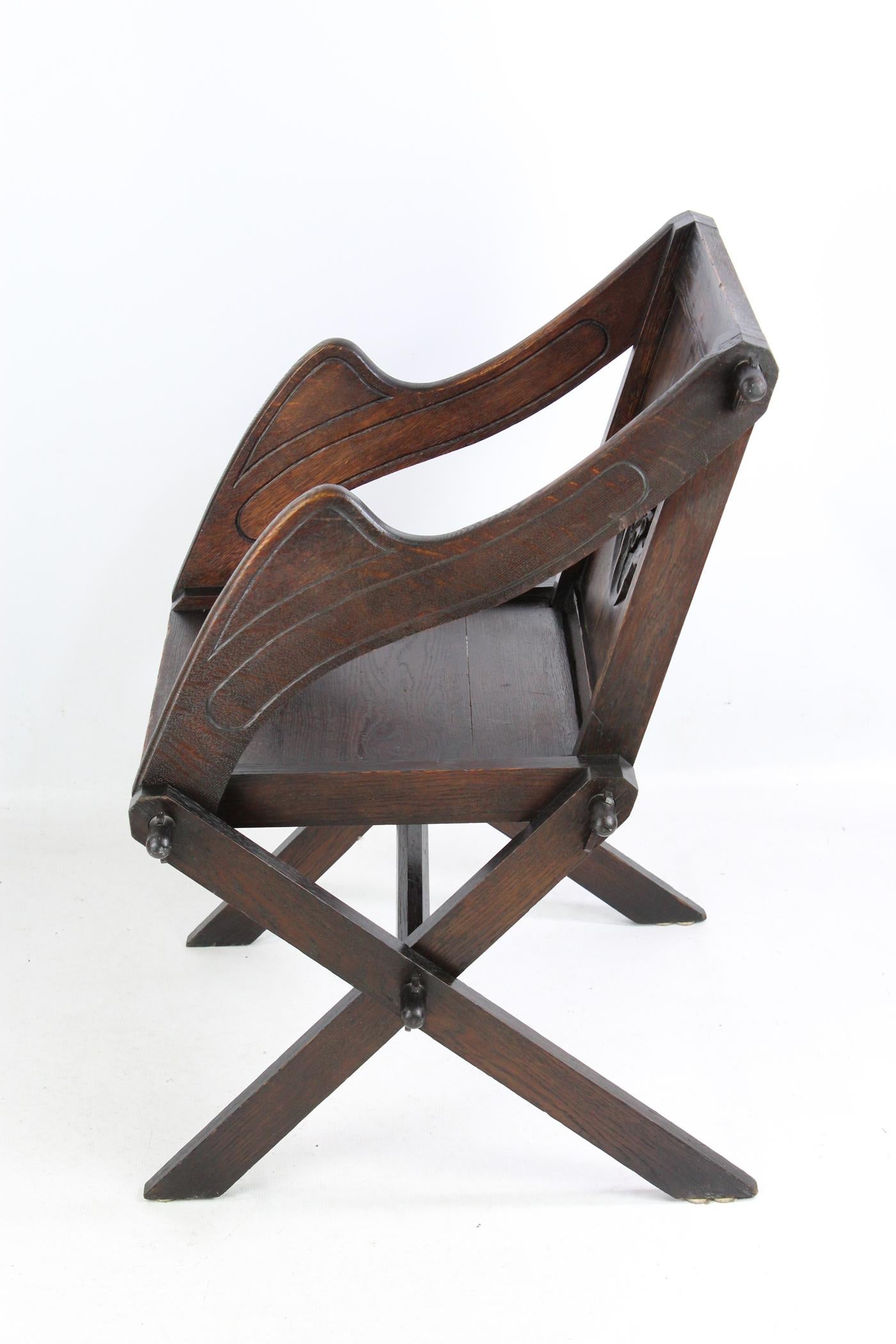 20th Century Pair of Antique English Arts & Crafts Oak Glastonbury Chairs Gothic Armchair