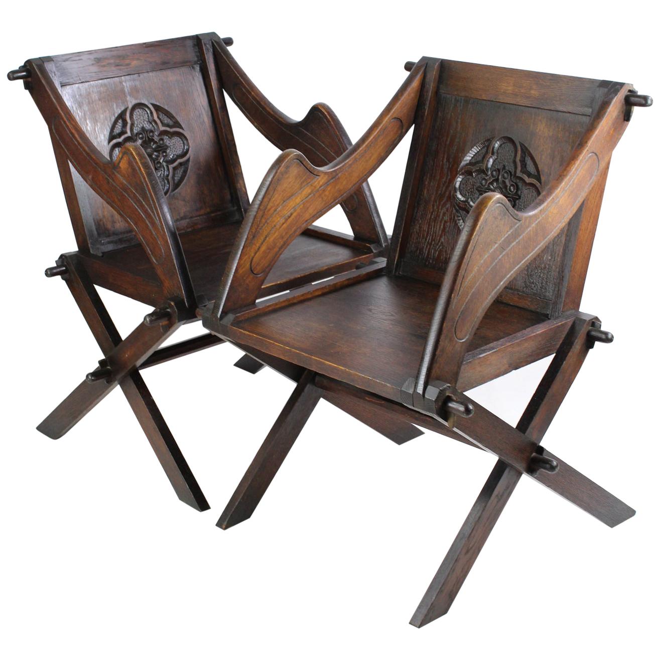 Pair of Antique English Arts & Crafts Oak Glastonbury Chairs Gothic Armchair