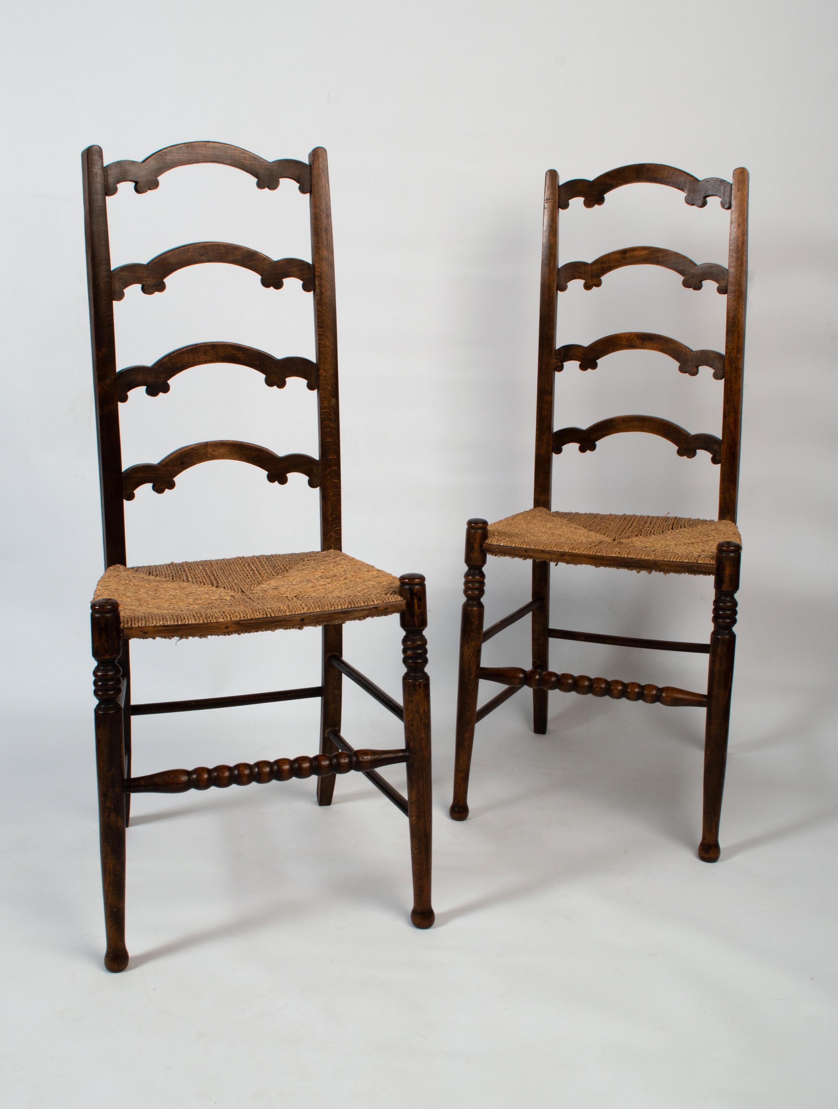 Pair Antique English Arts & Crafts Liberty & Co. Rush chairs attributed to William Birch.
circa 1890
Very good condition commensurate of age. Good solid construction.