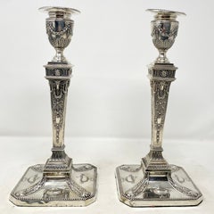 Pair Antique English Birmingham Sterling Silver Adam Style Candlesticks Ca. 1903