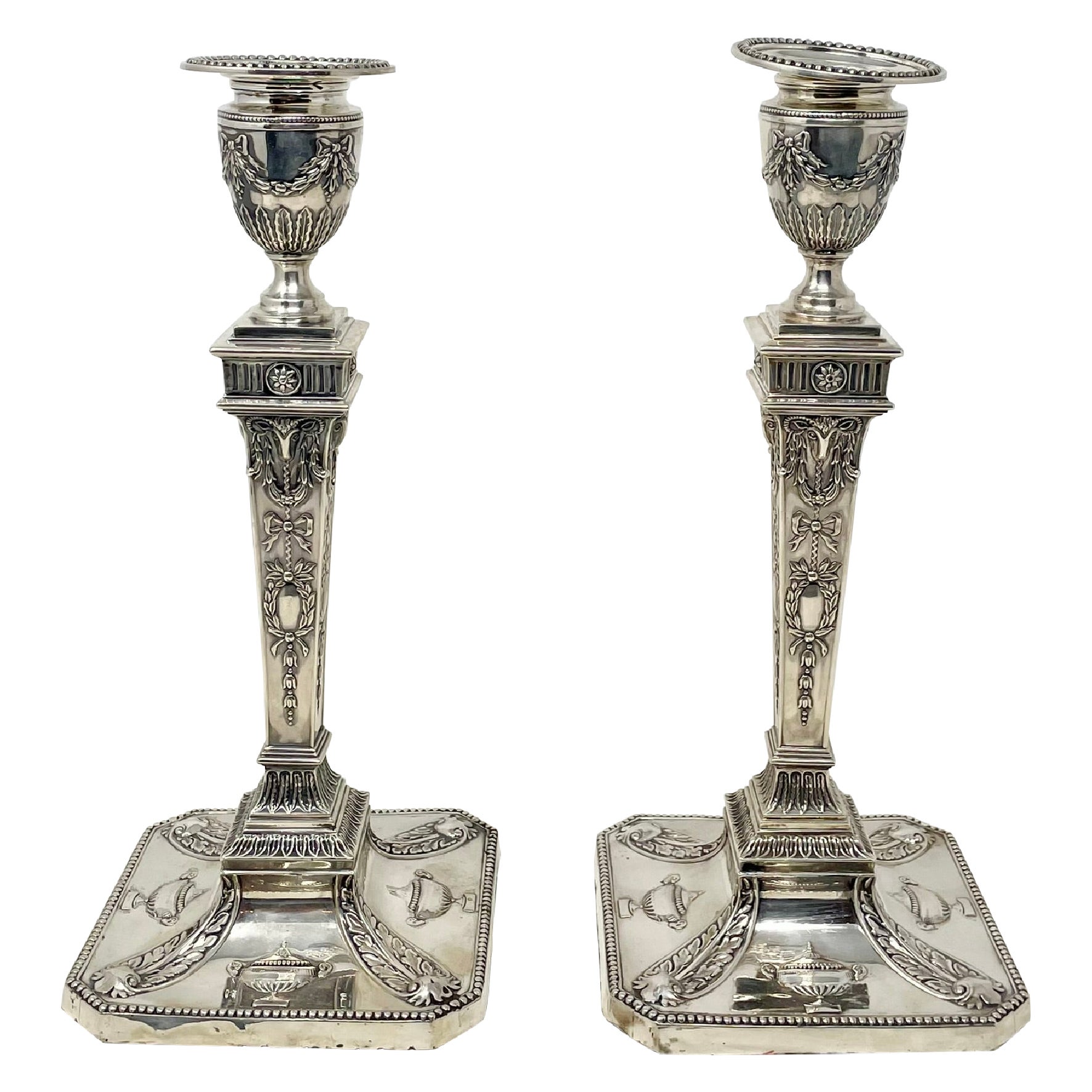 Pair Antique English Birmingham Sterling Silver Adam Style Candlesticks Ca. 1903 For Sale