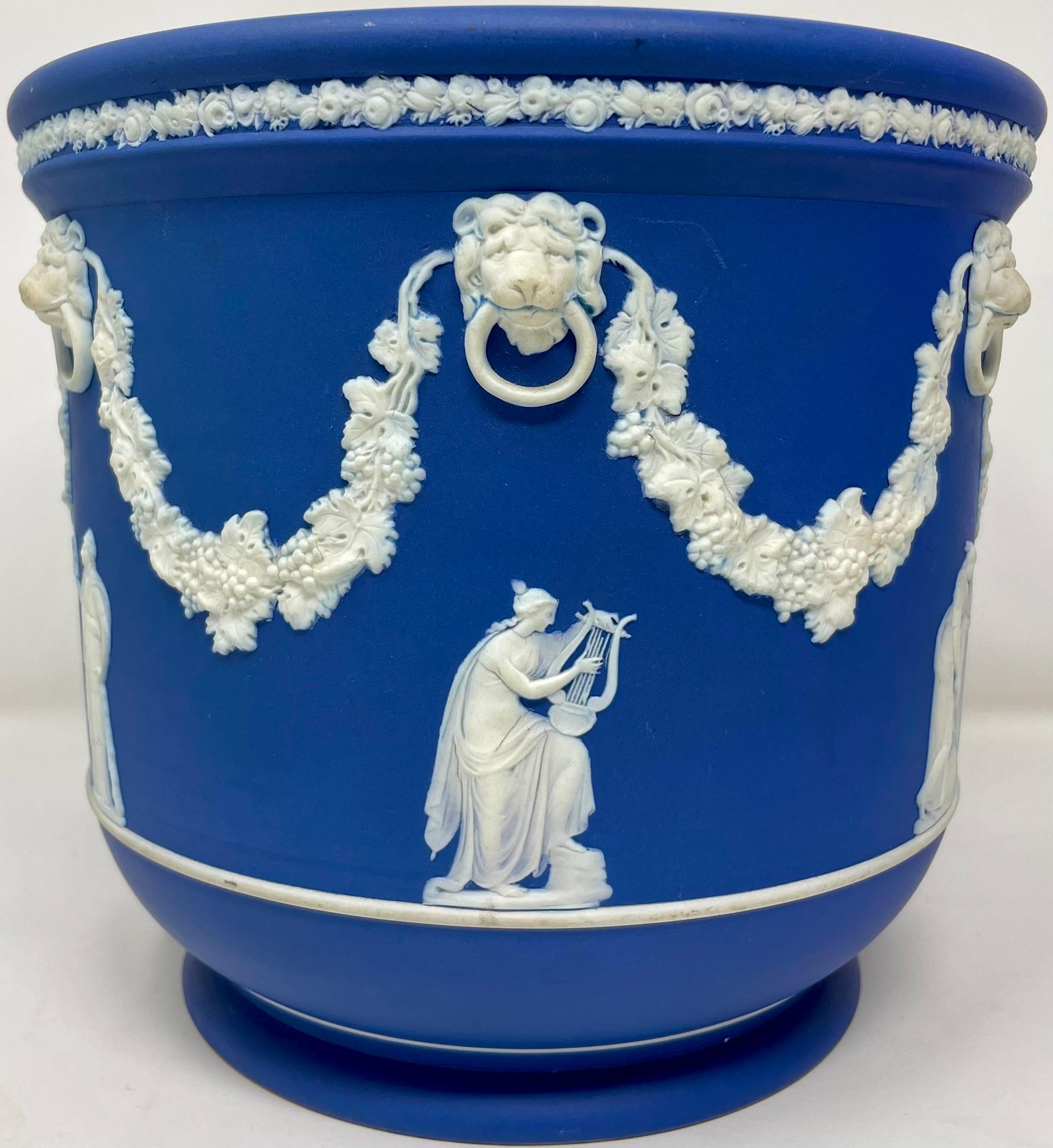 Pair Antique English Blue and White Wedgwood Porcelain Planters, Circa 1890-1900.