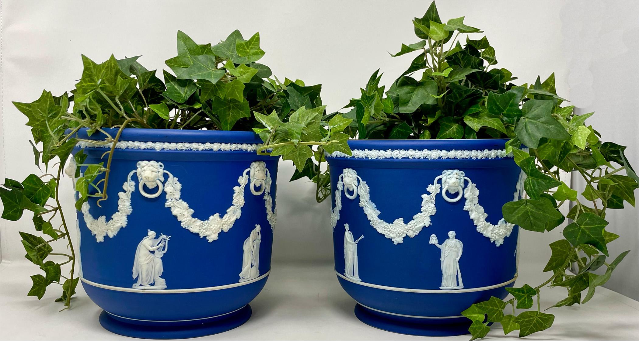 Pair Antique English Blue & White Wedgwood Porcelain Planters, Circa 1890-1900. 3