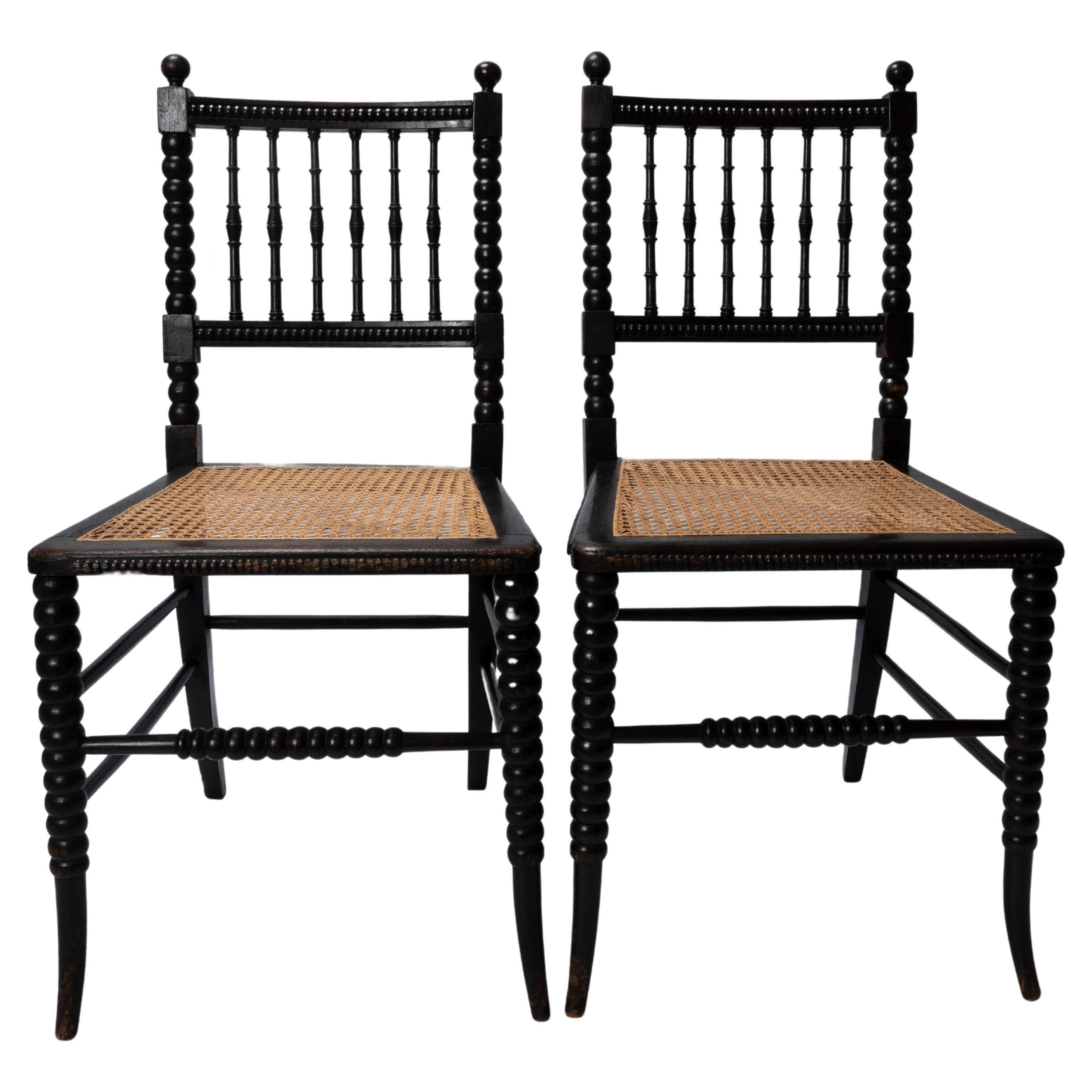 Pair Antique English Bobbin Turned Cane Hall chairs side chairs C.1880