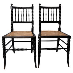 Pair Antique English Bobbin Turned Cane Hall chairs side chairs C.1880