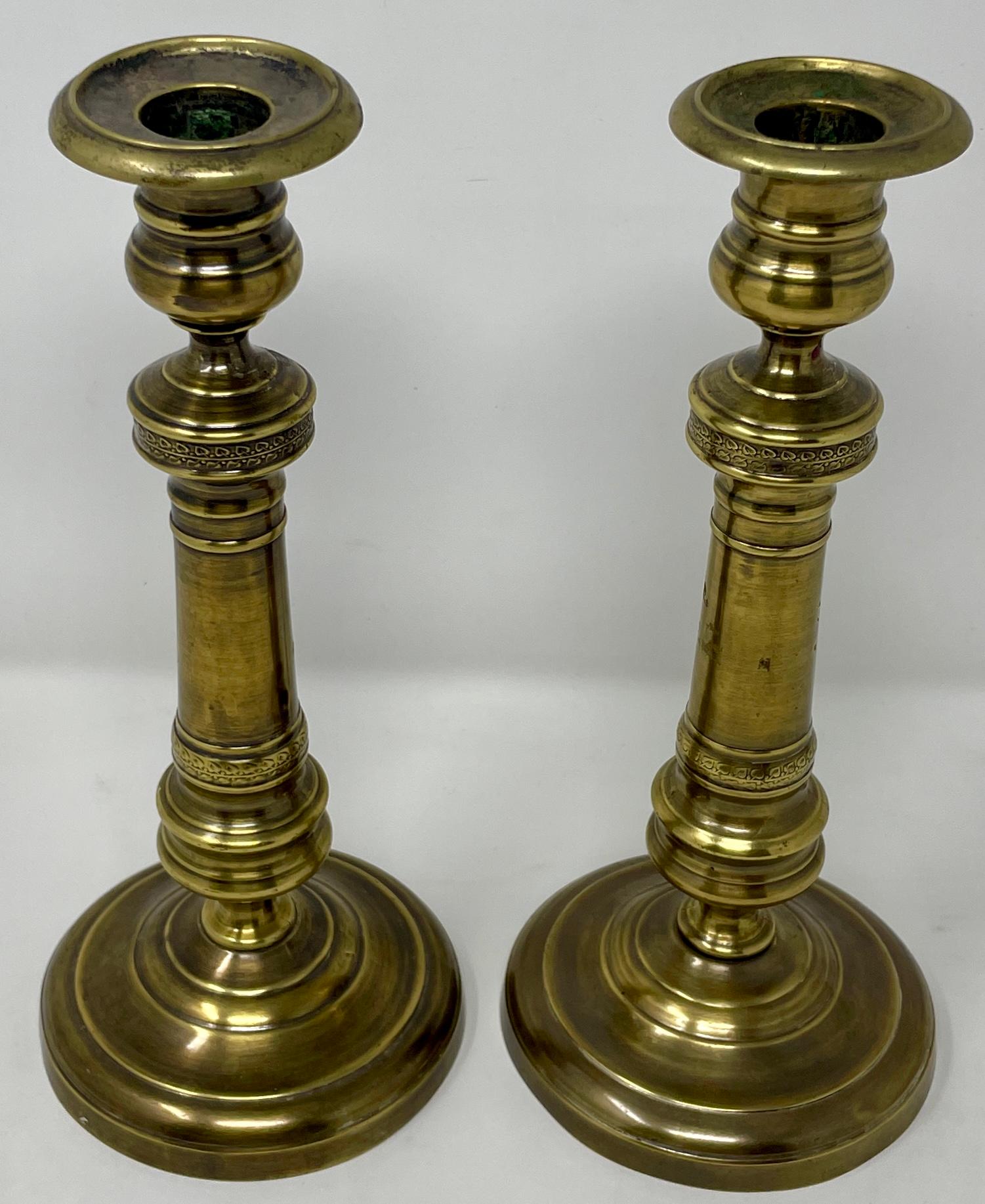 Pair Antique English brass candlesticks, circa 1800-1810.