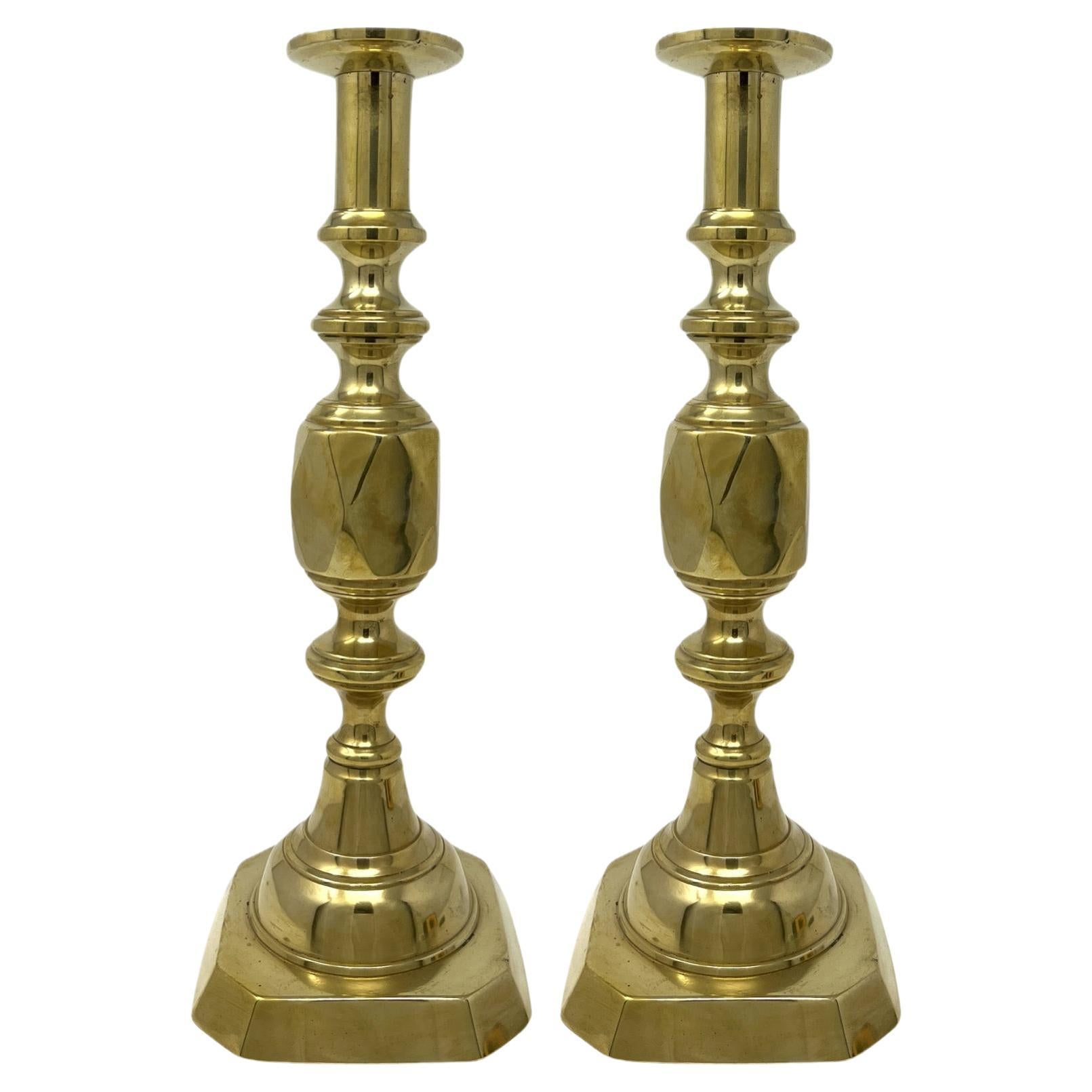 Pair Antique English Brass Diamond Jubilee Ace of Diamonds Candlesticks, Ca 1897