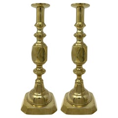 Pair Antique English Brass Diamond Jubilee Ace of Diamonds Candlesticks, Ca 1897