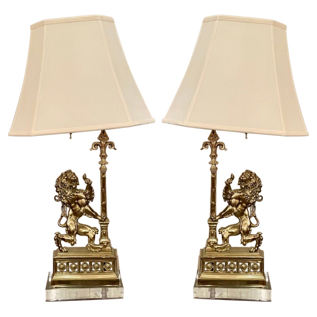Pair Antique English Brass Figural Lion Andirons Converted Later into Lamps.