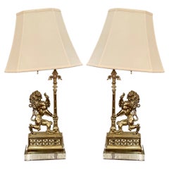 Pair Antique English Brass Figural Lion Andirons Converted Later into Lamps.