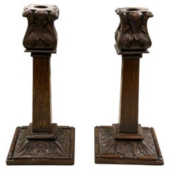 Pair Antique English Candlesticks Candle Holders Carved Oak Acanthus