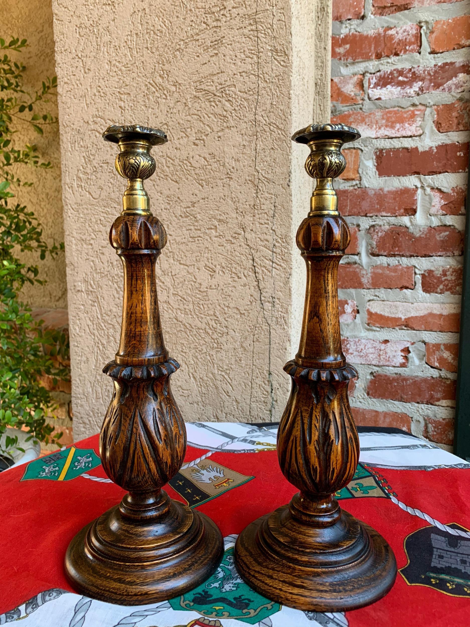 Pair of Antique English Carved Tiger Oak Candlesticks Candleholder Brass Thistle 7