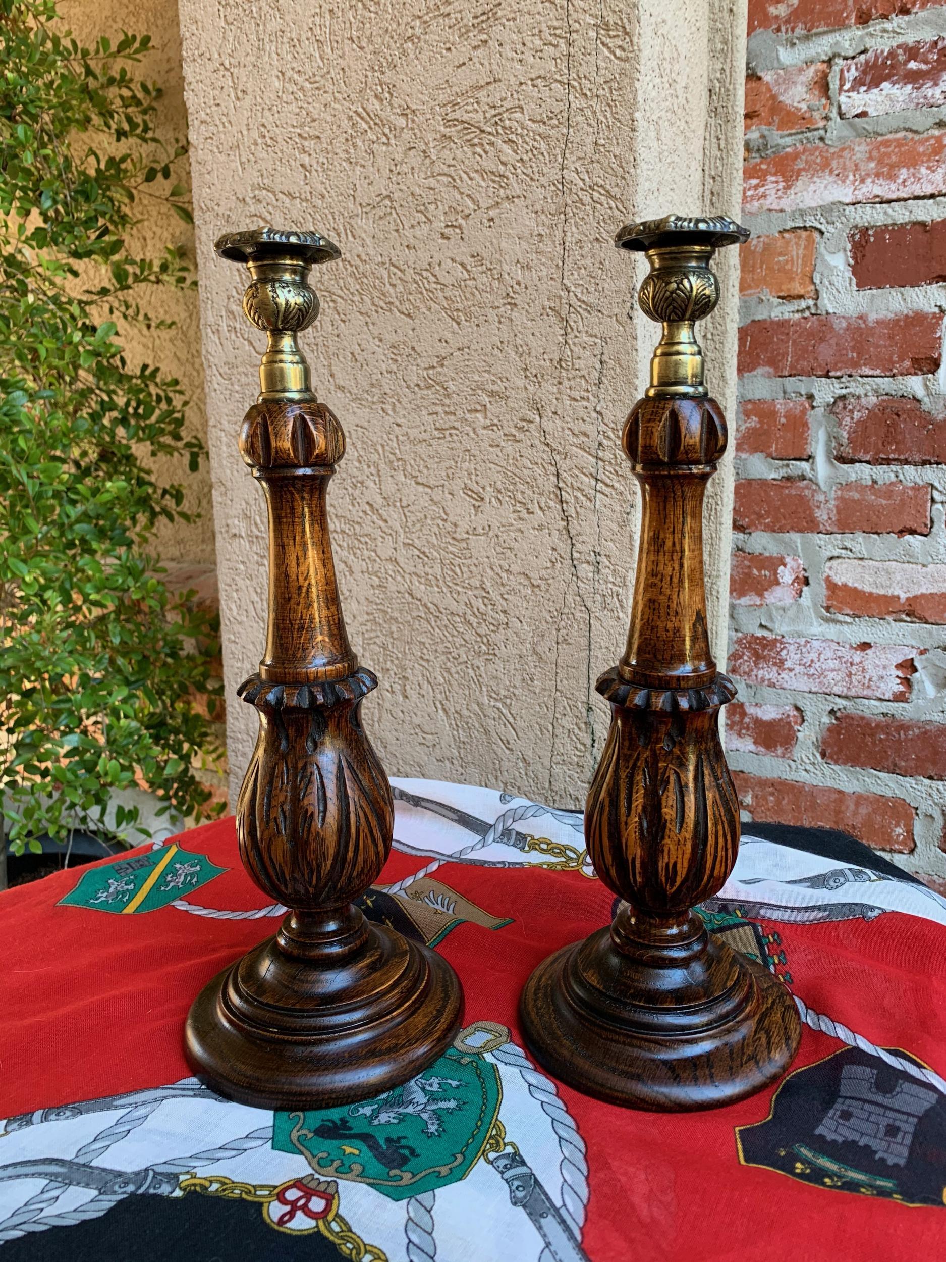 Pair of Antique English Carved Tiger Oak Candlesticks Candleholder Brass Thistle 8
