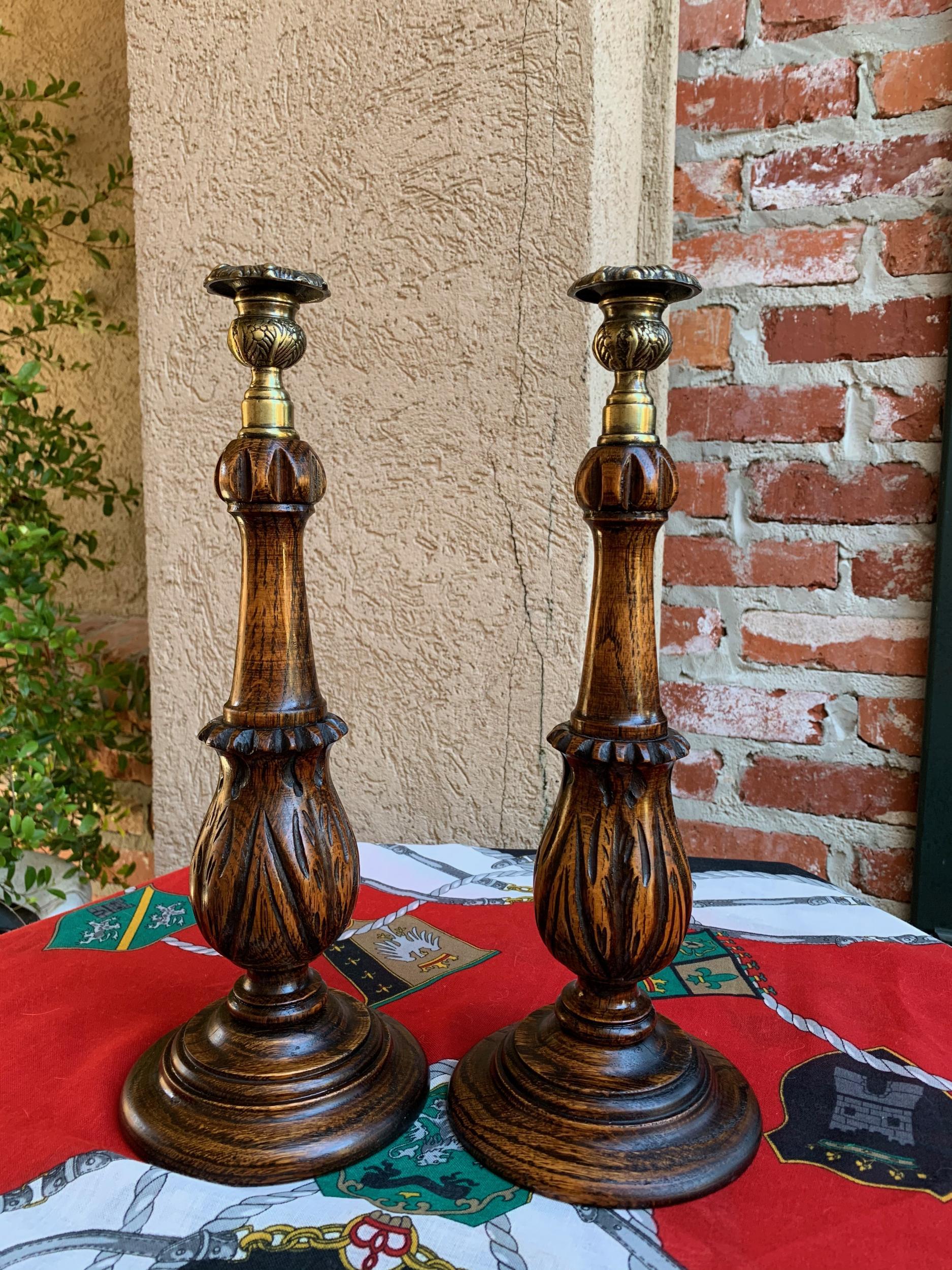 Pair of Antique English Carved Tiger Oak Candlesticks Candleholder Brass Thistle 9
