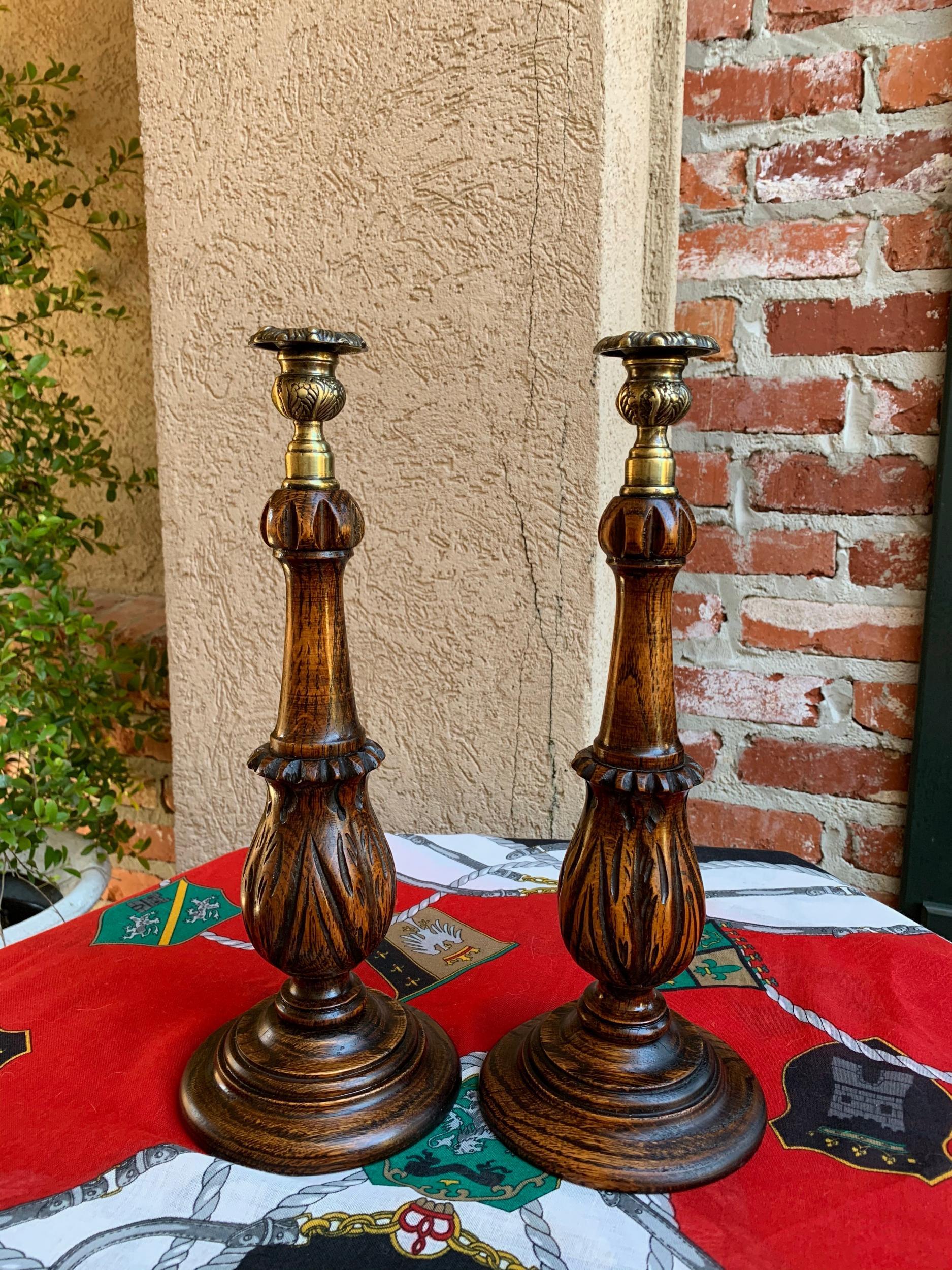 Pair of Antique English Carved Tiger Oak Candlesticks Candleholder Brass Thistle 10